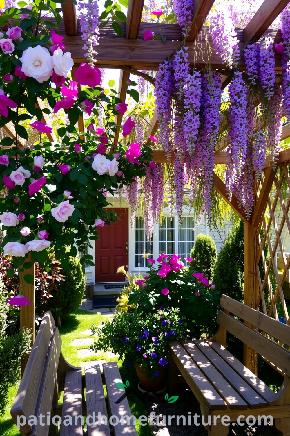 Cozy backyard pergola draped in vibrant roses and delicate wisteria, with sunlight filtering through and casting shadows on rustic benches, creating an inviting atmosphere for gatherings or relaxation, featured on fireplacesandwoodstoves.com.