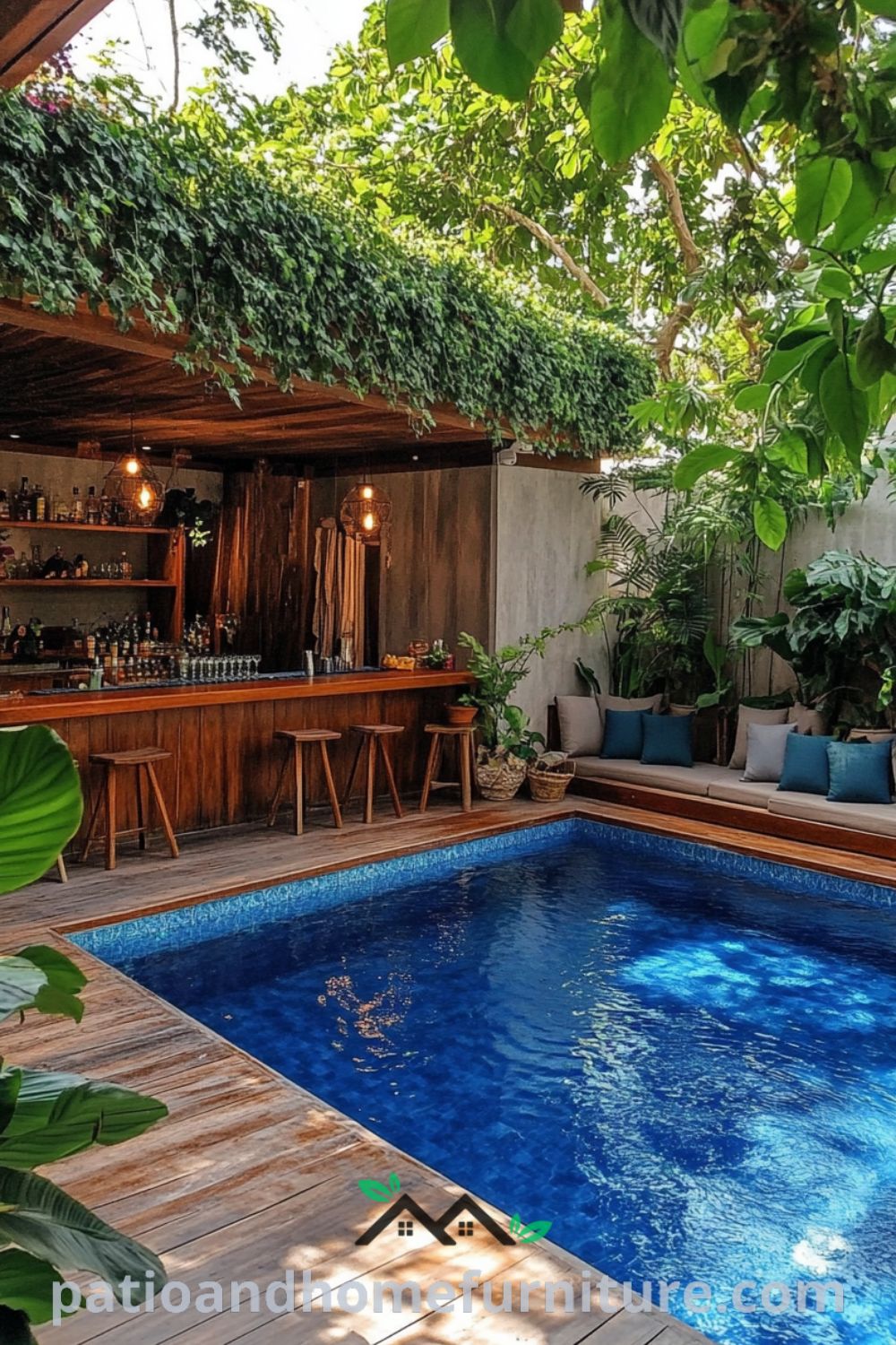 Elegant above ground pool oasis from patioandhomefurniture.com featuring a wooden deck, cozy seating area, and lush plant surroundings, perfect for backyard oasis above ground pool and affordable pool ideas backyard.