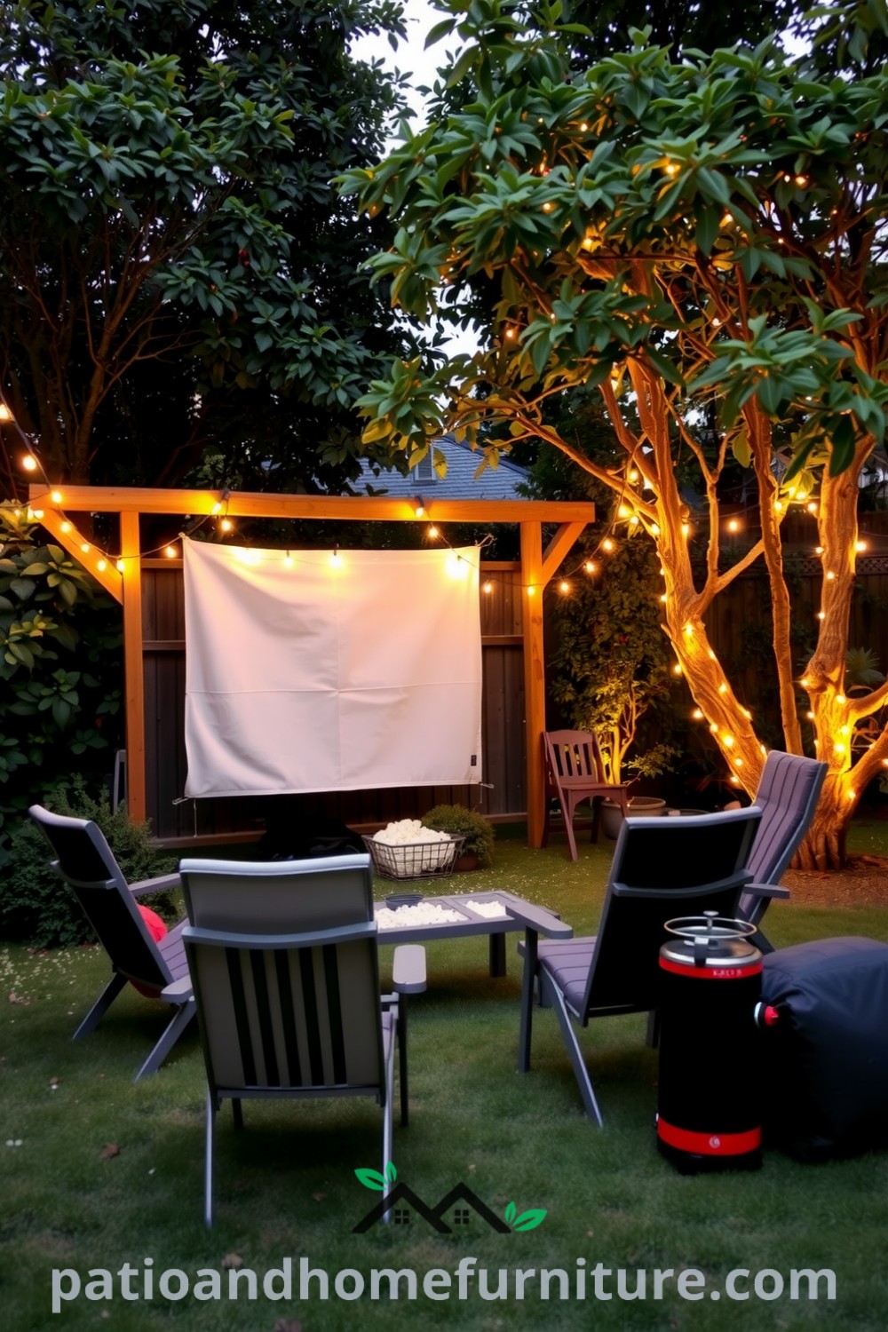 Backyard cinema in a garden corner with fairy lights, a faded canvas screen, comfortable lawn chairs, and a small outdoor stove, providing cozy decor ideas for movie nights and gatherings under the stars, as featured on fireplacesandwoodstoves.com.