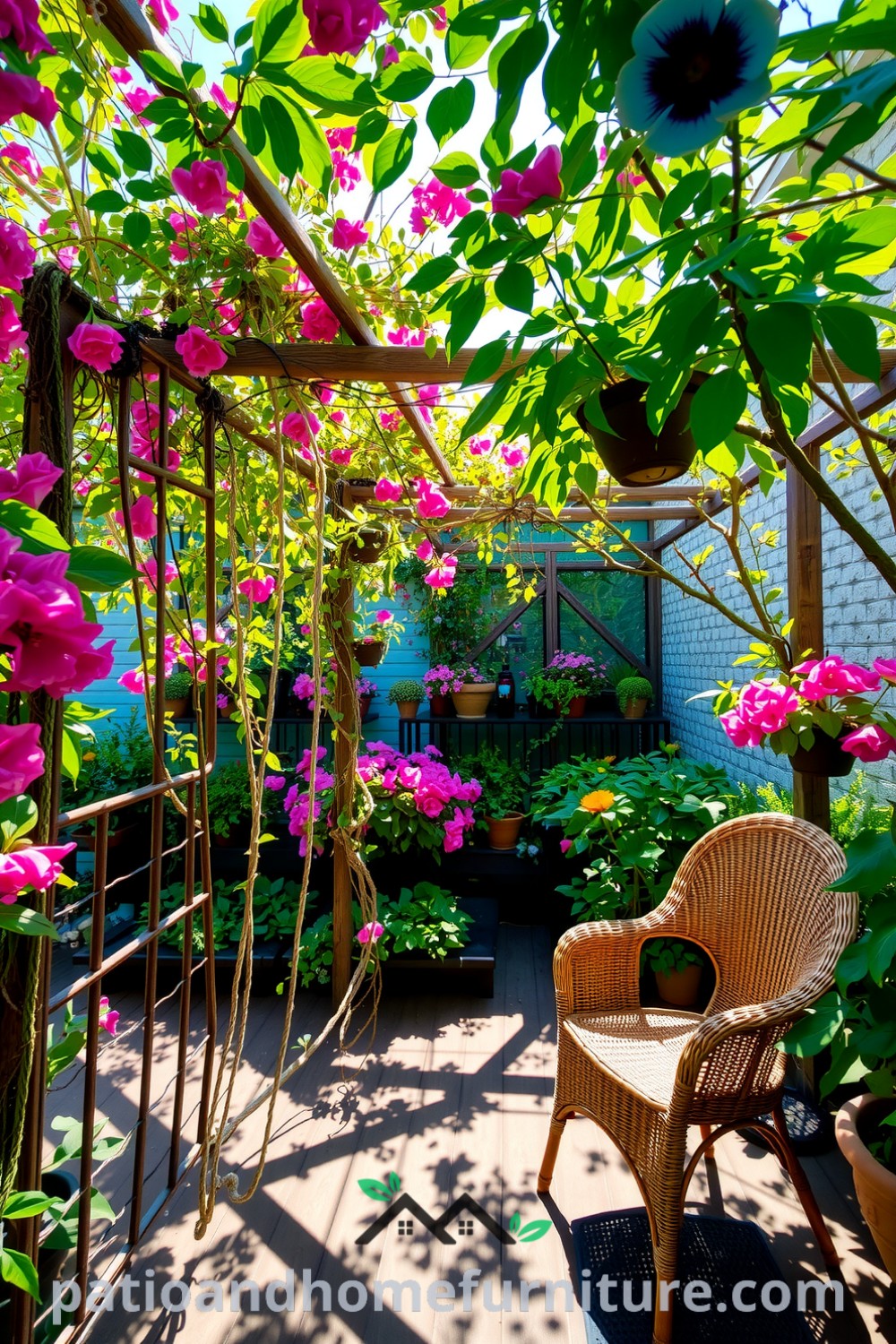 Backyard floral pergola adorned with cascading vines and vibrant blooms, with sunlight filtering through leaves onto a wooden deck, featuring a cozy wicker chair, creating unique ideas for a cozy home at fireplacesandwoodstoves.com.
