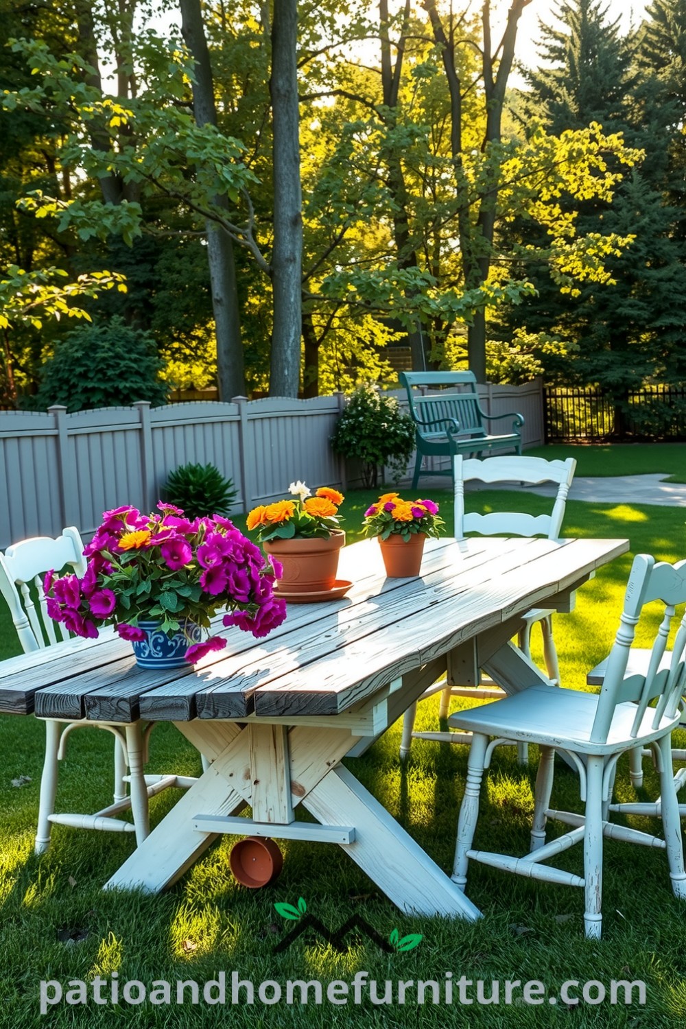 A cozy backyard picnic scene showcasing a weathered wooden table and mismatched chairs, surrounded by vibrant flower pots. The sunlight filters through trees, creating a serene atmosphere perfect for outdoor gatherings, offering inspiring decor ideas for your home at fireplacesandwoodstoves.com.