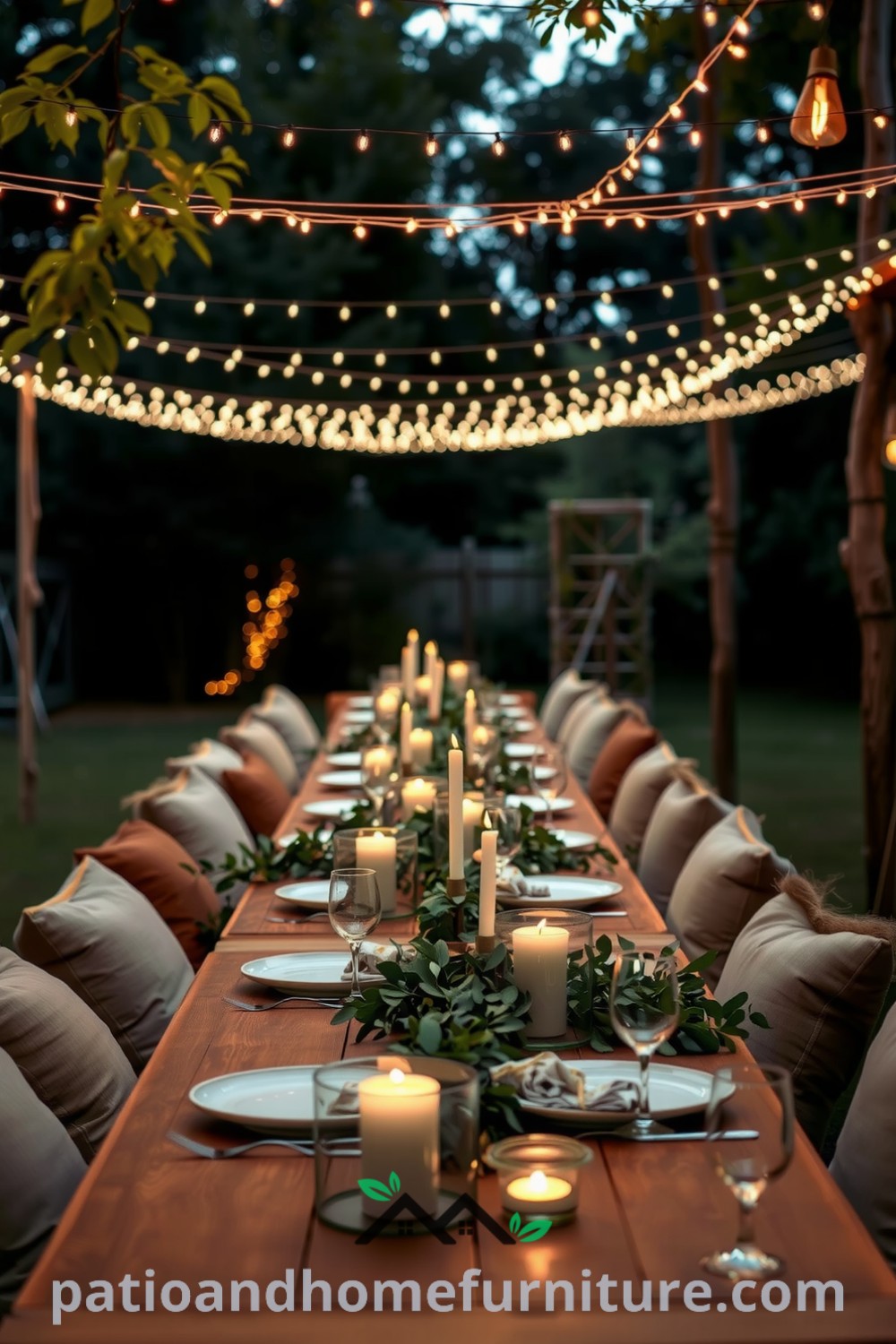 Elegant outdoor dinner setting under fairy lights with a long wooden table, lush greenery, handcrafted dishware, and cushions in earthy tones, creating a cozy and inviting atmosphere perfect for gatherings, showcased on fireplacesandwoodstoves.com.