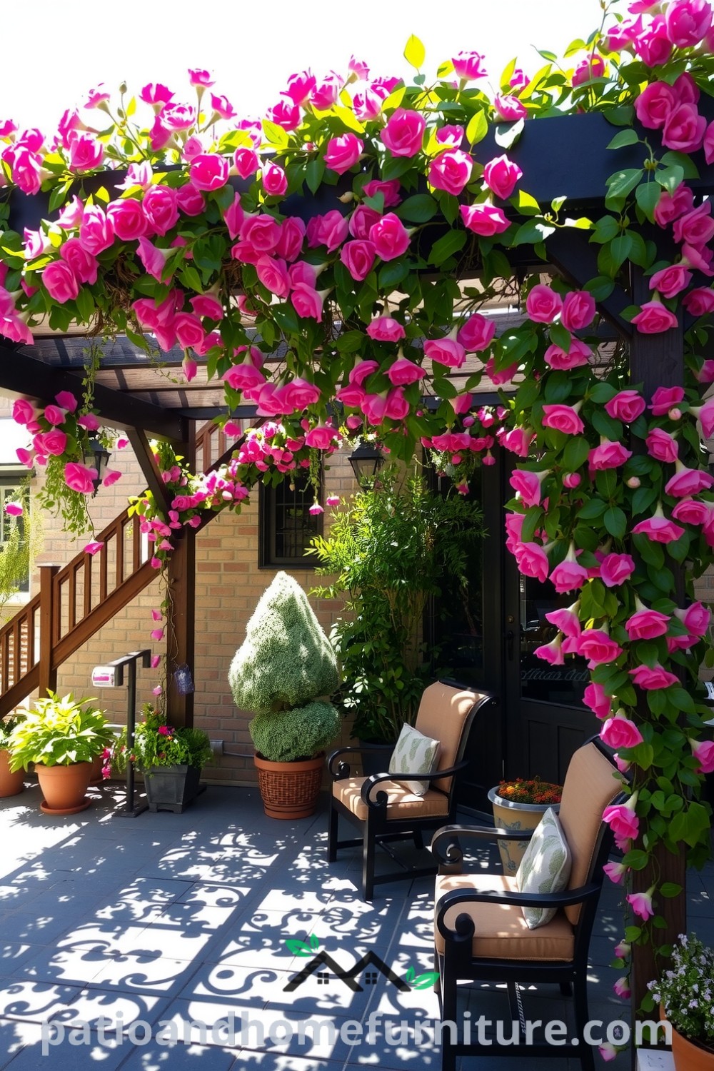 Floral pergola on a stone patio, adorned with vibrant flowers and cascading vines, creating an inviting outdoor retreat for relaxation and conversation, showcasing cozy ideas for home design inspirations at fireplacesandwoodstoves.com.