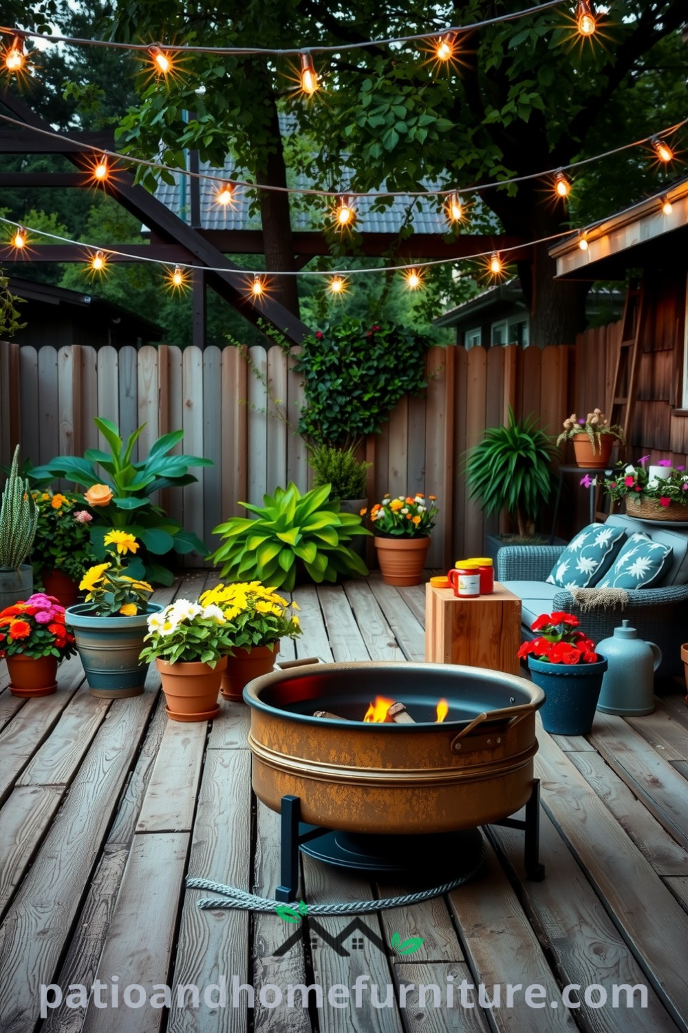 Cozy backyard oasis with weathered wooden decking, colorful potted plants, and a rustic metal fire pit, illuminated by twinkling string lights, creating an inviting and warm atmosphere ideal for gatherings, featured on fireplacesandwoodstoves.com.