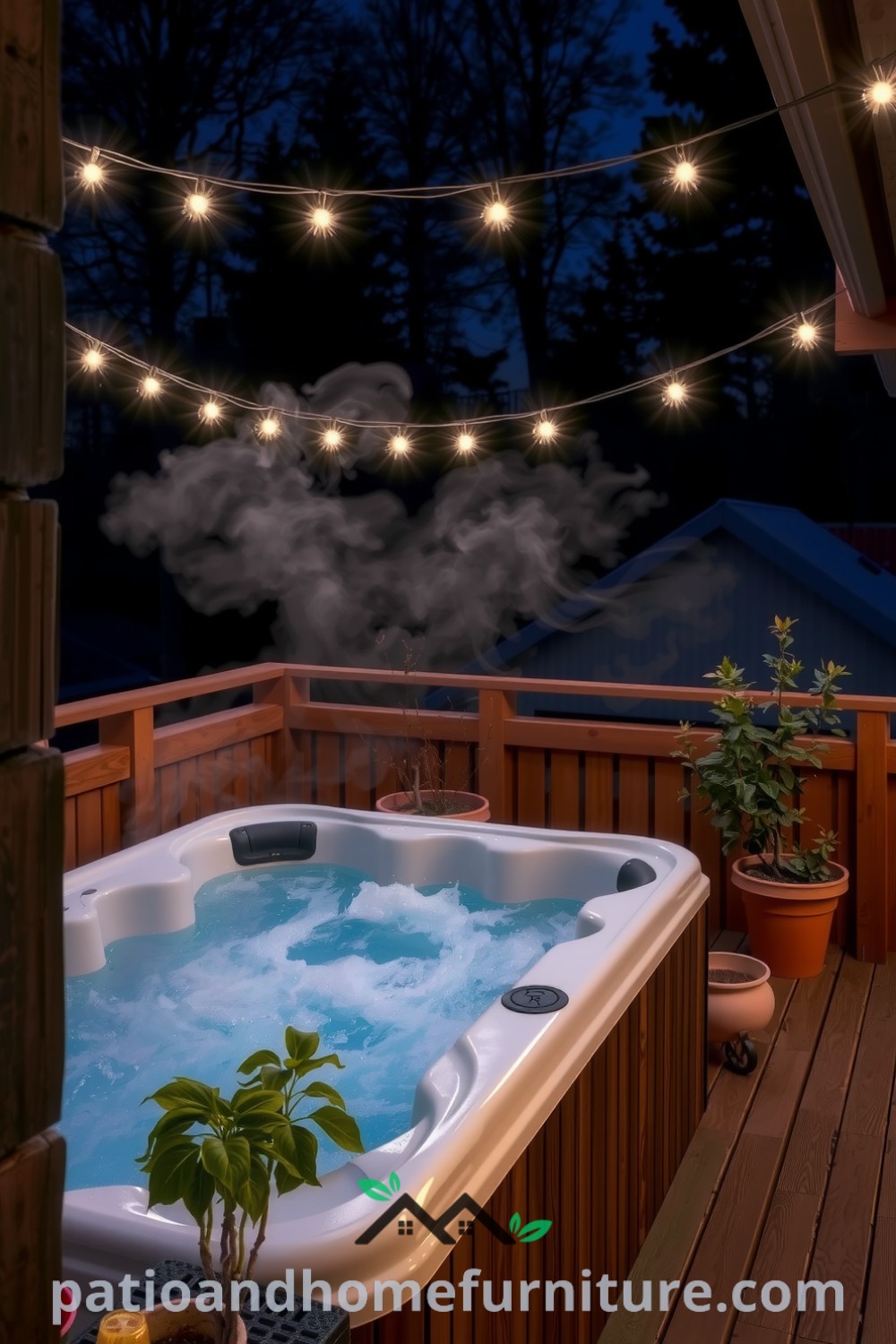 A cozy hot tub on a wooden deck, surrounded by potted plants and illuminated by fairy lights, creating a serene and inviting outdoor retreat, perfect for relaxation and inspiration for cozy home decor ideas at fireplacesandwoodstoves.com.