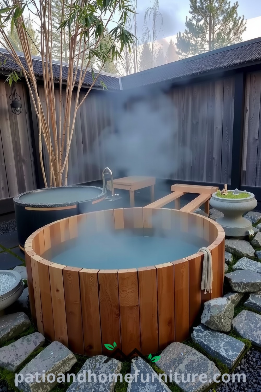 Japanese soaking hot tub surrounded by bamboo and stones, with steam rising, creating a serene outdoor atmosphere perfect for relaxation, featured on fireplacesandwoodstoves.com. Cozy home inspiration and unique decor ideas.
