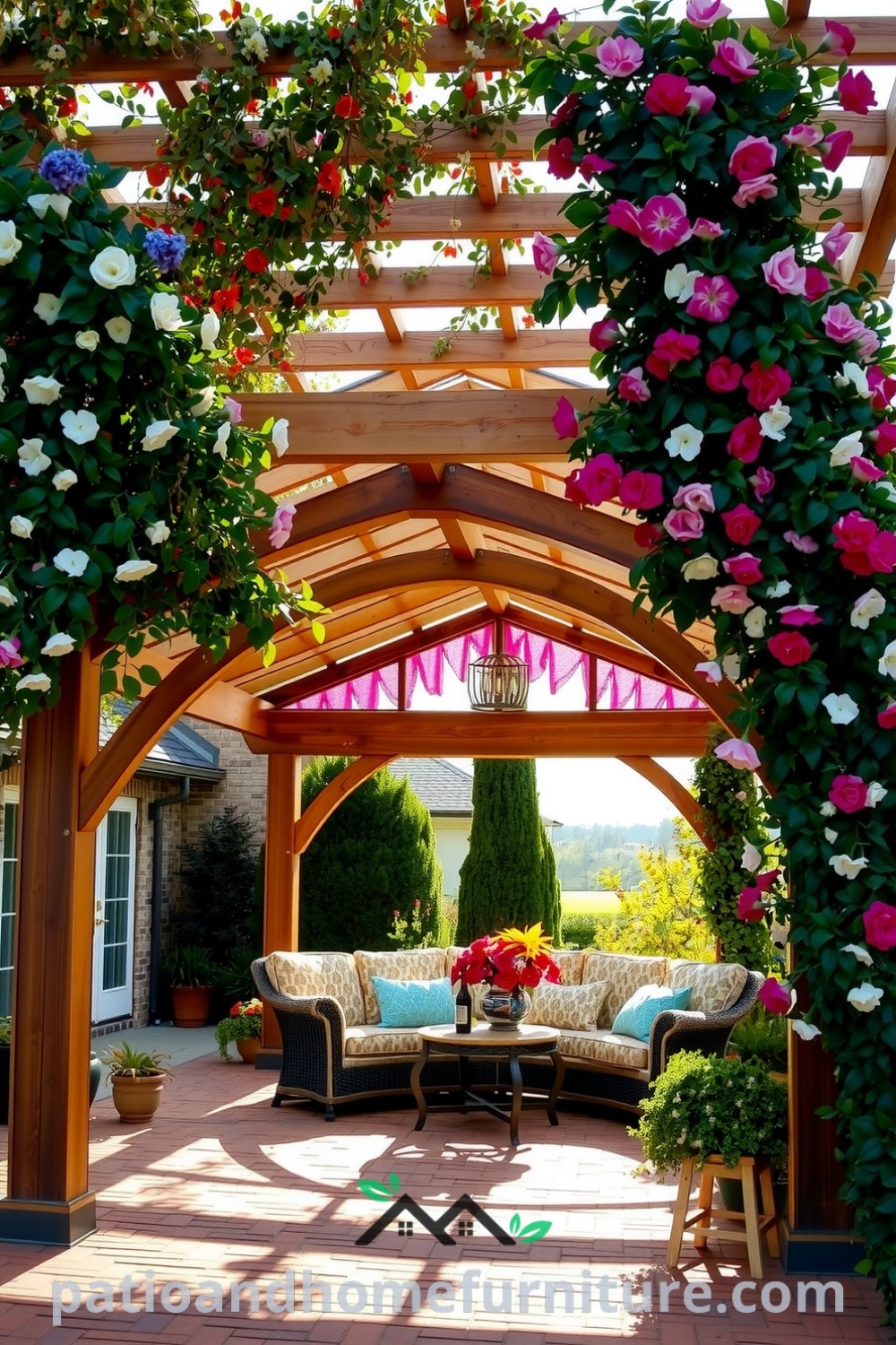 Floral vinyl pergola with cascading vines and colorful blooms over a cozy seating area on a brick-paved patio, offering inviting decor inspirations for your home, showcasing unique design ideas for outdoor relaxation at fireplacesandwoodstoves.com.