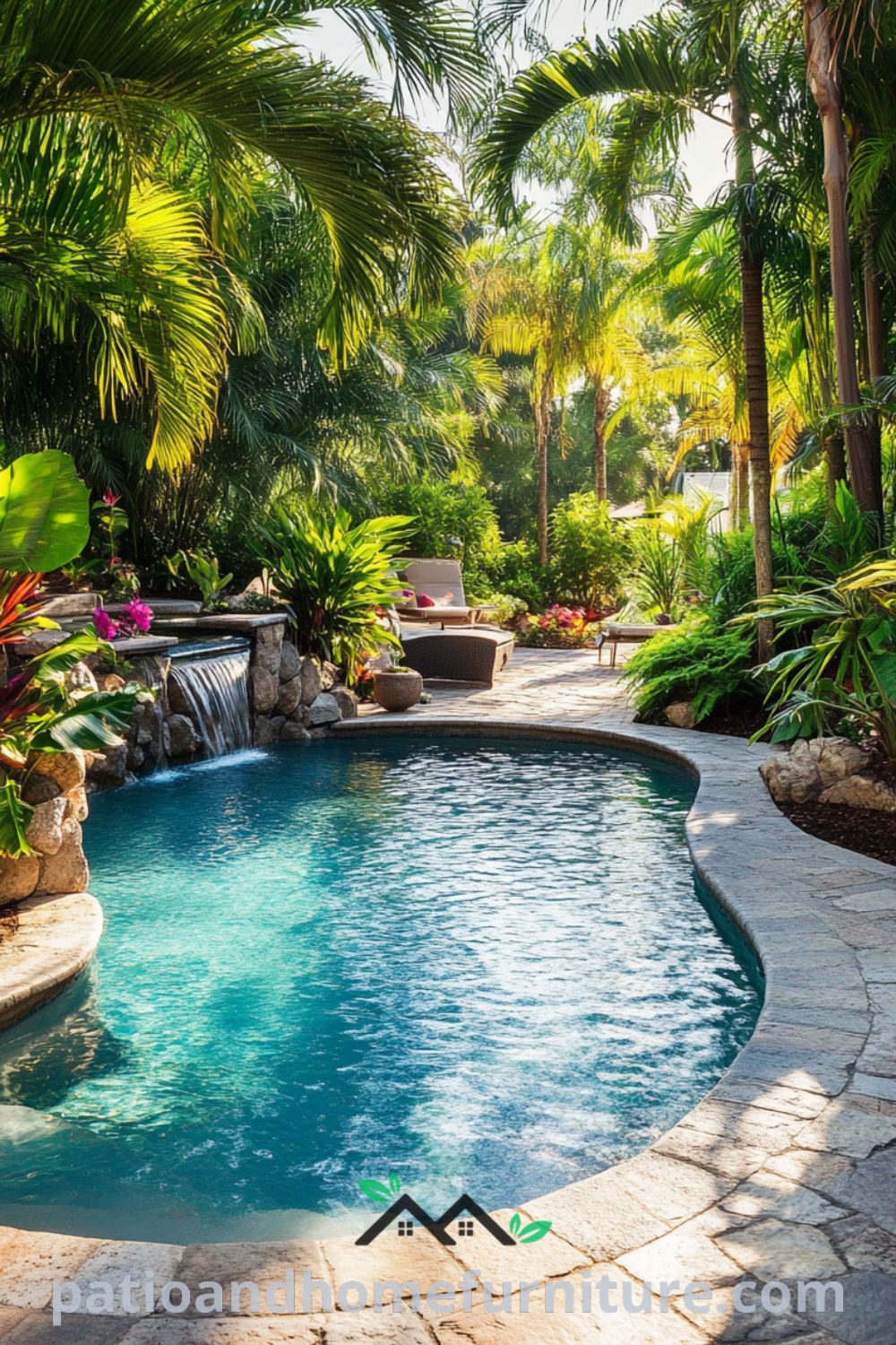 Elegant backyard oasis design with inground pool, tropical backyard landscaping, cozy fire pit, and outdoor living space from patioandhomefurniture.com.