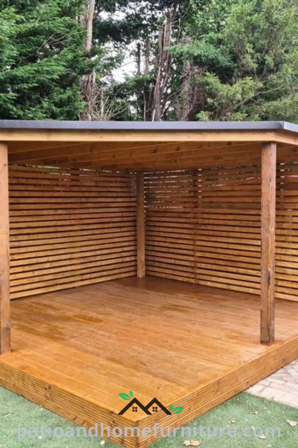 Wooden gazebo on a lush green field, surrounded by floral decorations and cozy seating ideas for outdoor gatherings, offering unique inspirations for your home at wellnesswink.com.