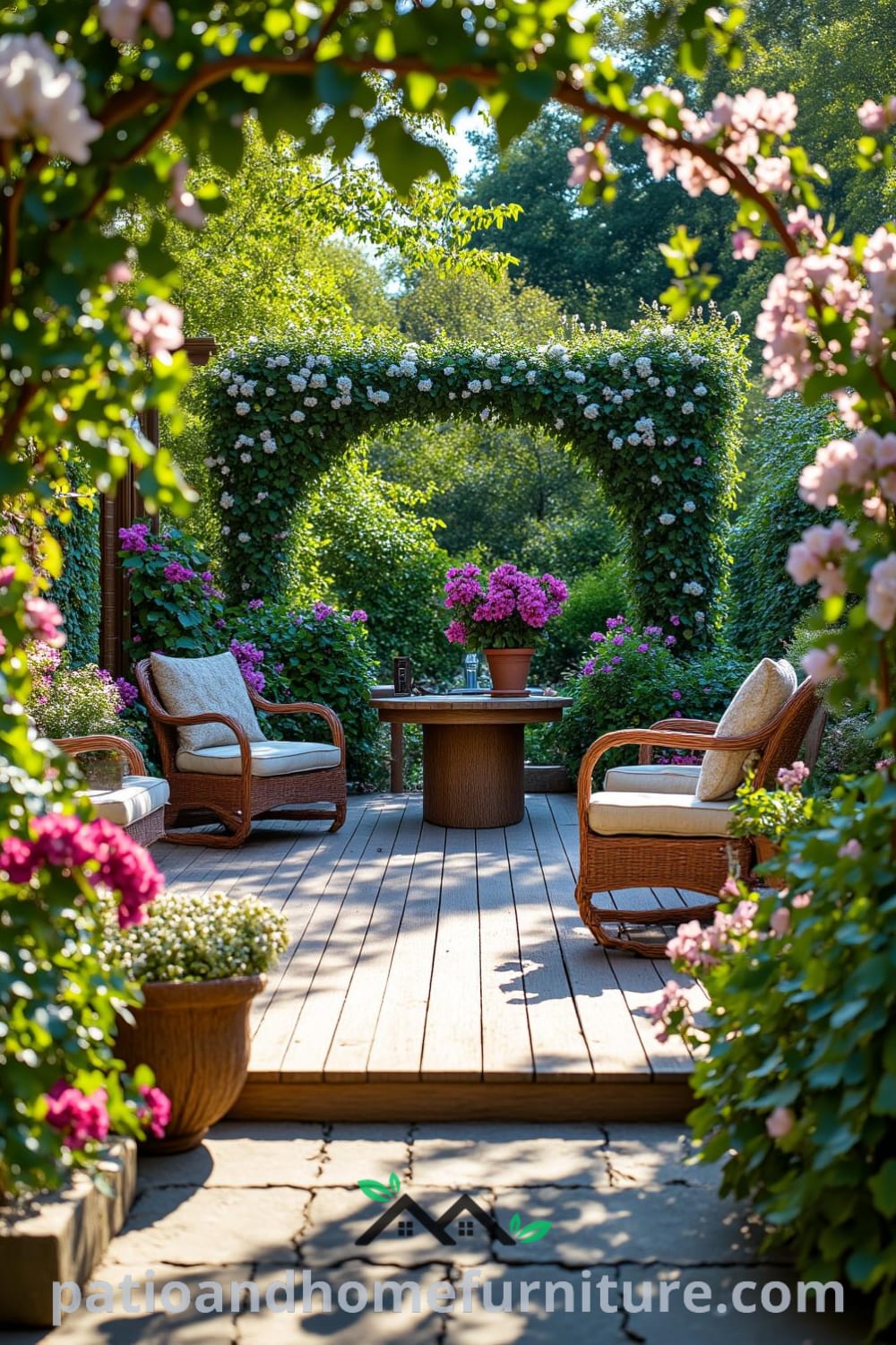 Cozy backyard design featuring a wooden deck with weathered lounge chairs and a picnic table, surrounded by lush greenery and vibrant flowers, creating an inviting atmosphere for gatherings, as presented on fireplacesandwoodstoves.com.