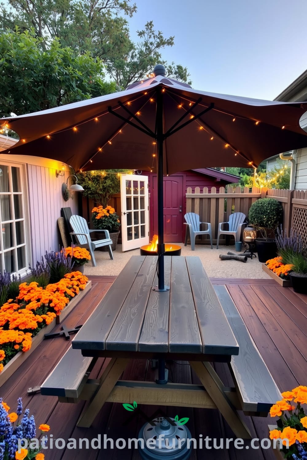 Cozy backyard featuring a rustic wooden deck, blooming marigolds and lavender, a picnic table with an umbrella, twinkling string lights, and a fire pit with mismatched chairs, offering cozy ideas and unique design inspirations for your home at fireplacesandwoodstoves.com.