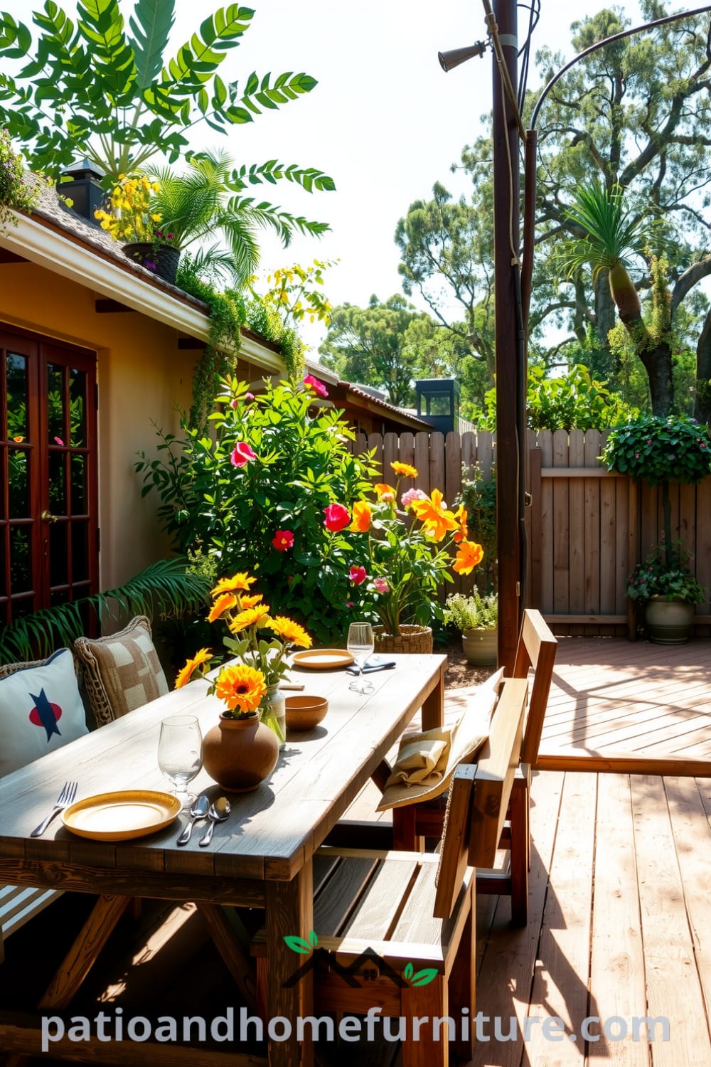 A cozy backyard scene featuring a rustic dining table, simple ceramic dishware, vibrant blooms, and inviting seating with woven cushions, showcasing decor ideas for outdoor living at fireplacesandwoodstoves.com.