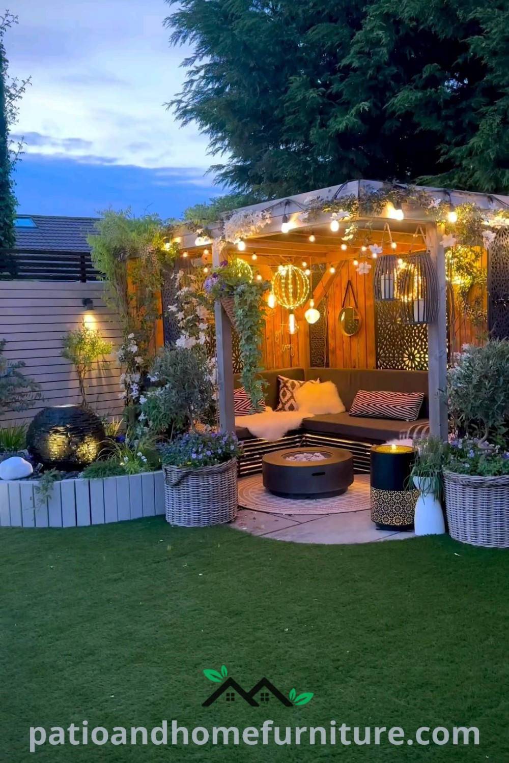 Cozy backyard with a charming BBQ area, small water fountain, and inviting patio designs, featuring lush greenery and DIY decor inspirations for a perfect outdoor retreat, found at wellnesswink.com.