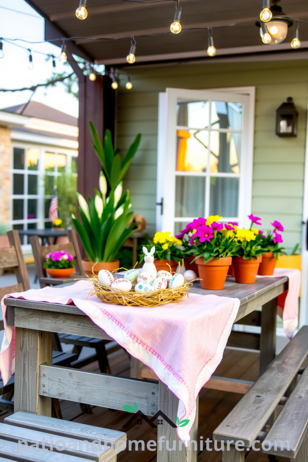 Charming Easter patio featuring a weathered wooden table with a pastel tablecloth, hand-painted eggs in straw, spring flowers in terracotta pots, and twinkling string lights, creating cozy decor ideas for your home at fireplacesandwoodstoves.com.