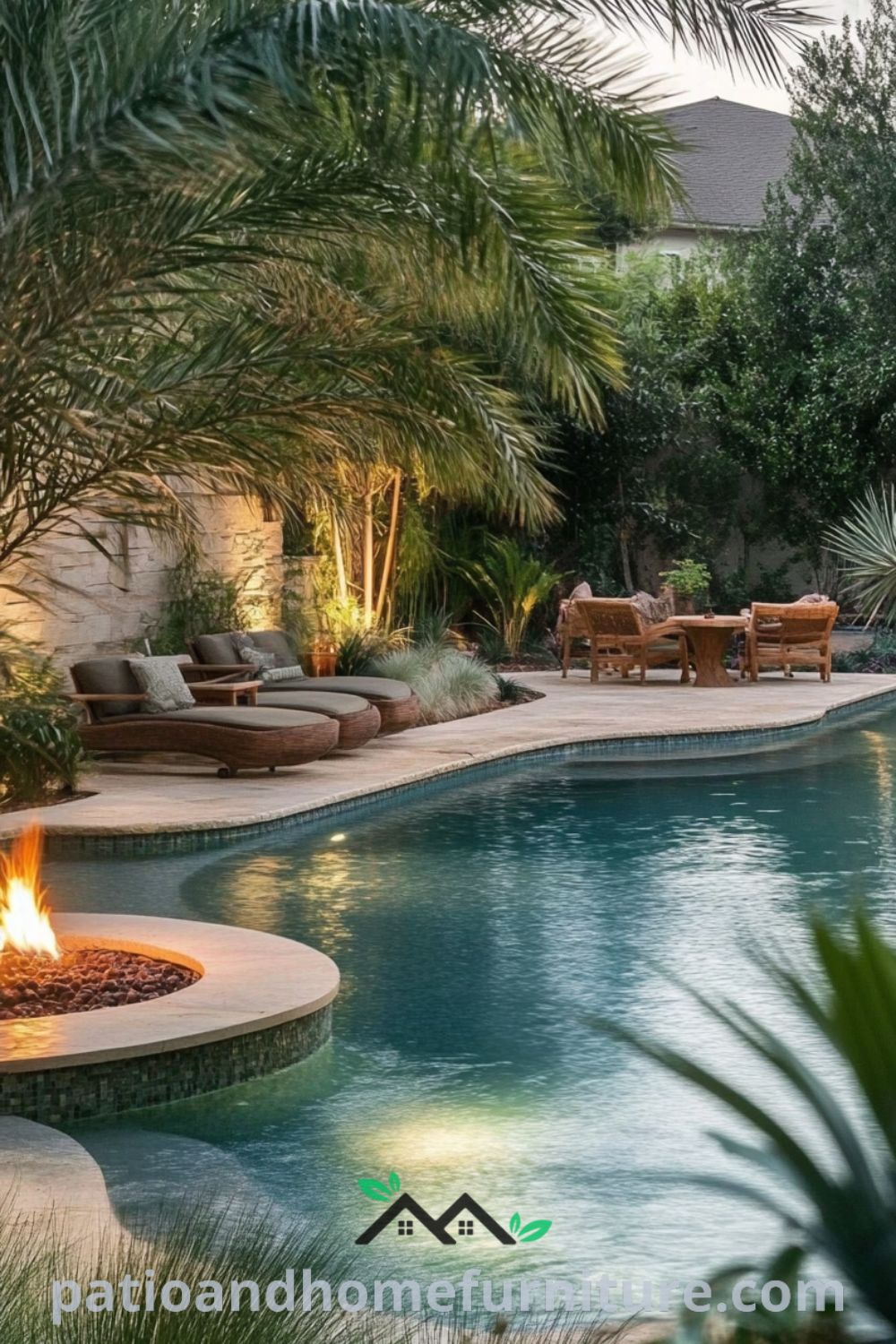Tropical backyard oasis pool with a cozy fire pit and lush landscaping from patioandhomefurniture.com, featuring modern pool design, cozy outdoor living space, and backyard pool ideas for a luxurious retreat.