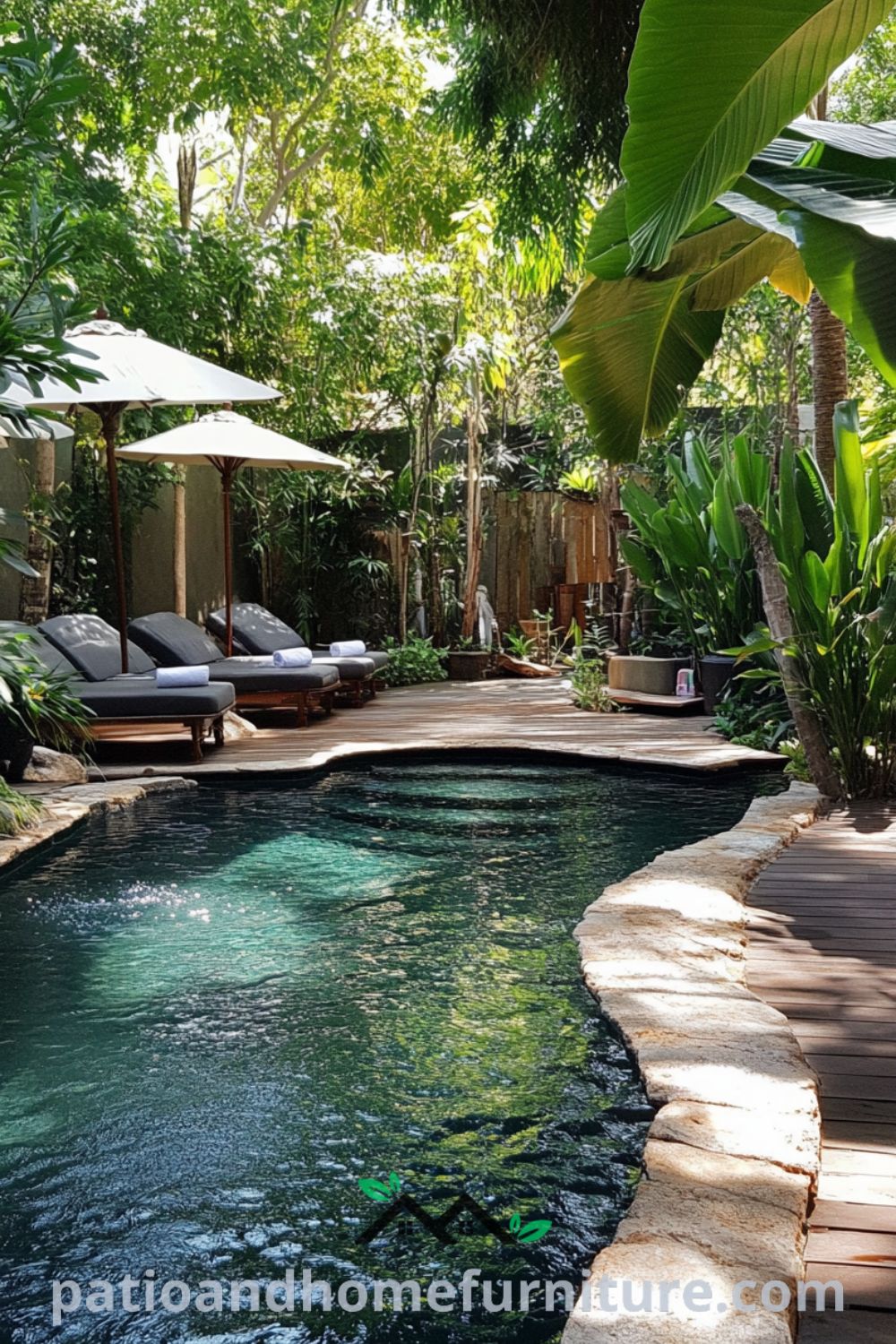 Tropical backyard oasis design featuring a pool with fire pit, lush landscaping, and cozy outdoor living space from patioandhomefurniture.com, showcasing modern pool design and pool patio ideas for a perfect retreat.