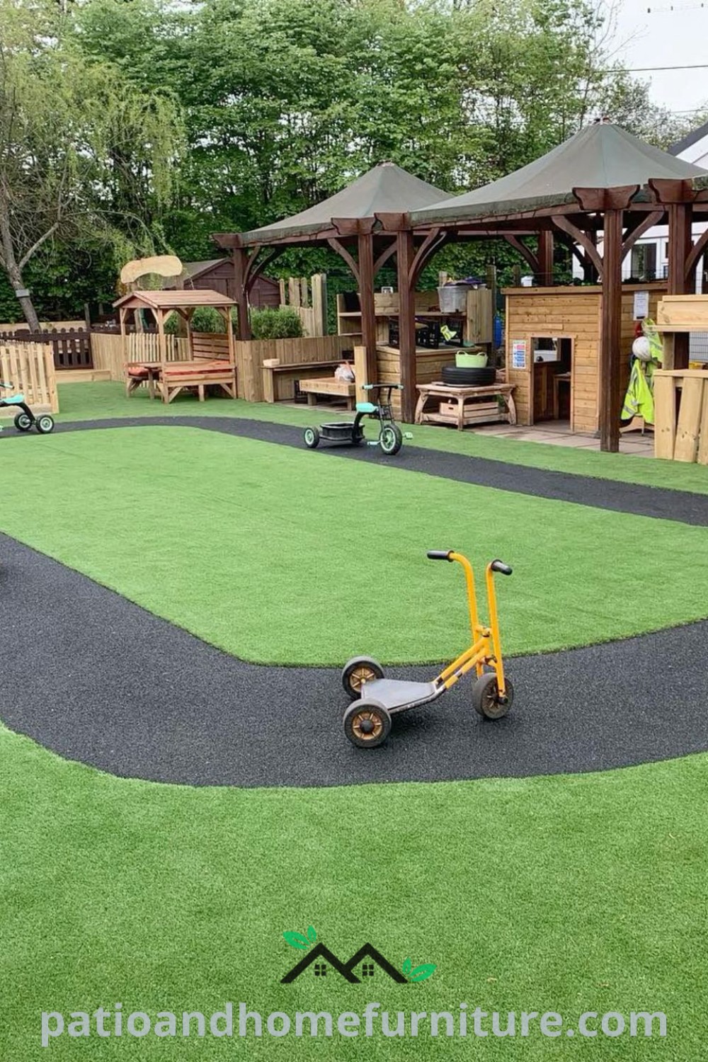 Inviting outdoor play area for kids featuring colorful playground equipment, soft green grass, and rustic wooden structures, designed to encourage creativity and physical activity, ideal for preschools and backyards, wellnesswink.com.