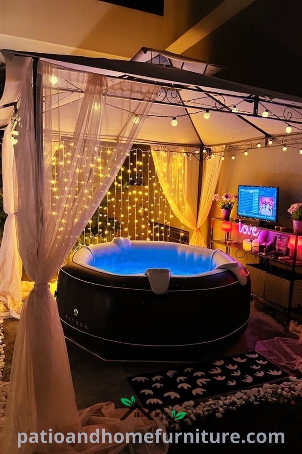 Indoor hot tub surrounded by fairy lights and draped ceilings, creating a cozy and inviting atmosphere, perfect for relaxation and home spa experiences, as seen on wellnesswink.com.