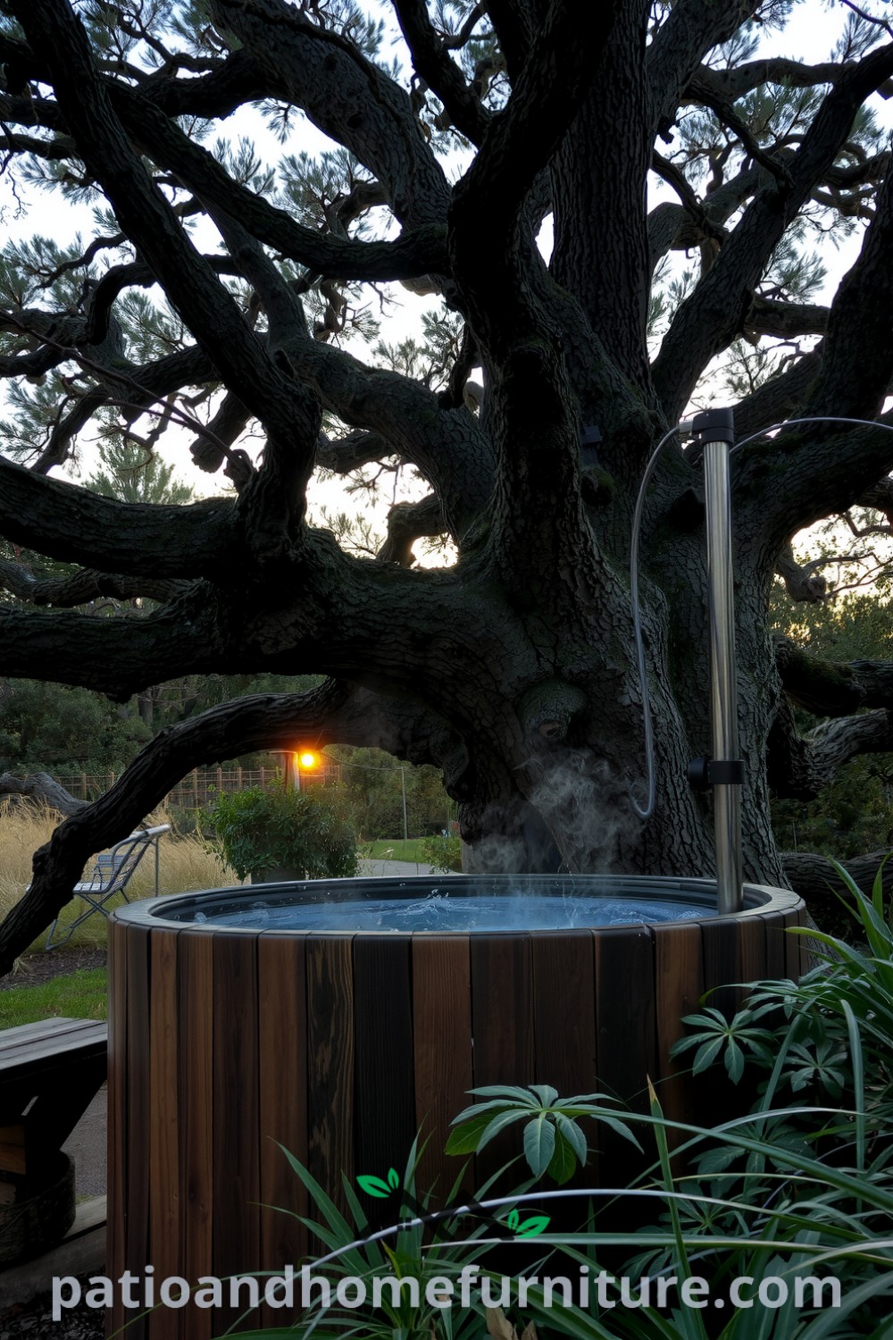Wooden hot tub under a sprawling oak tree, with steam rising and surrounding plants glistening with moisture, creating a cozy and serene outdoor oasis, presented by fireplacesandwoodstoves.com, featuring unique ideas and inspirations for your home decor.