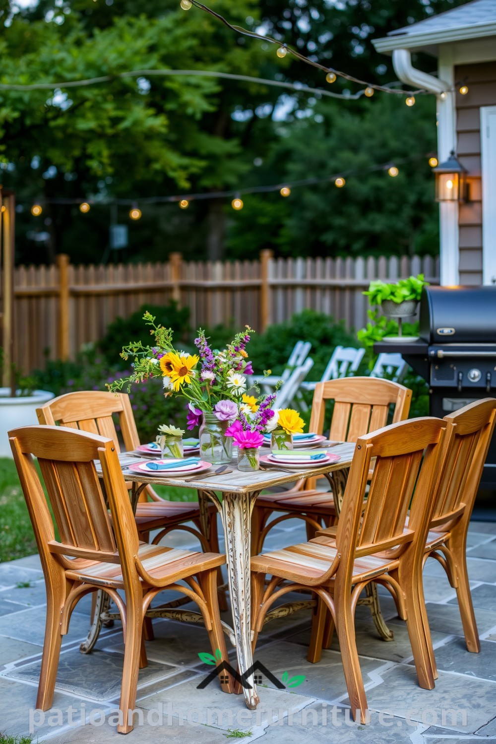 Cozy outdoor patio table set with mismatched colorful dinnerware, surrounded by rustic wooden chairs and adorned with wildflowers in glass jars, all under twinkling fairy lights, creating an inviting atmosphere for gatherings. Visit fireplacesandwoodstoves.com for cozy ideas and decor inspirations.