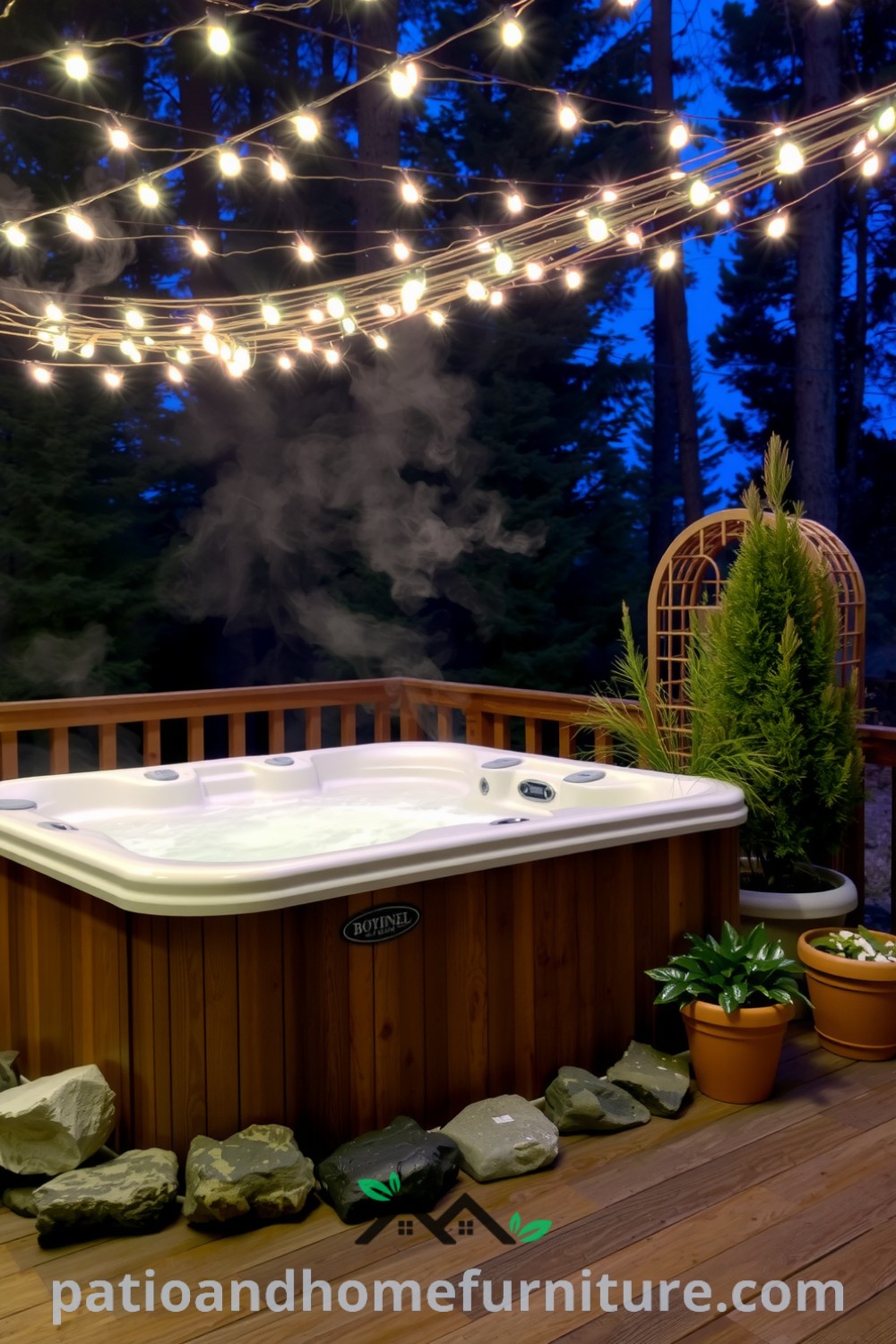 Cozy hot tub on a wooden deck surrounded by fairy lights, weathered stones, and potted plants, creating an inviting outdoor retreat for relaxation and unwinding, featured on fireplacesandwoodstoves.com.