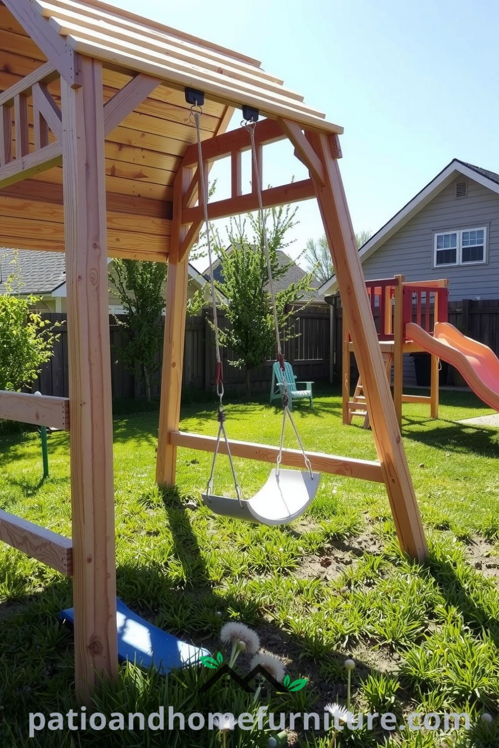 Classic wooden playset in a sunny yard with swings and slide, surrounded by wild grass and dandelions, creating a whimsical and inviting atmosphere for children
