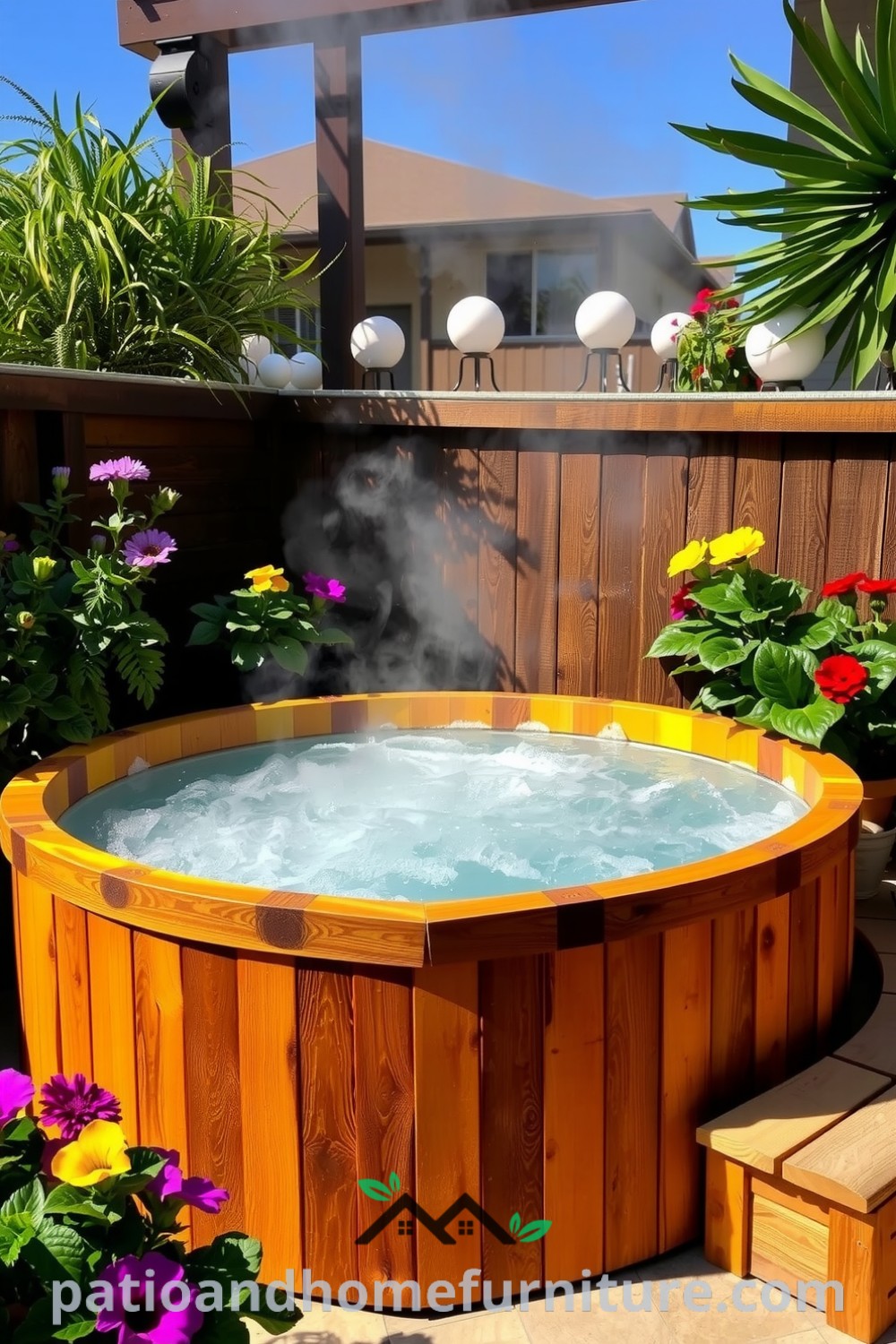 Traditional wooden hot tub nestled in a sunlit patio surrounded by lush greenery and colorful flowers, emanating a cozy atmosphere perfect for relaxation, featuring warm cedar sides and gentle bubbling water, from fireplacesandwoodstoves.com.