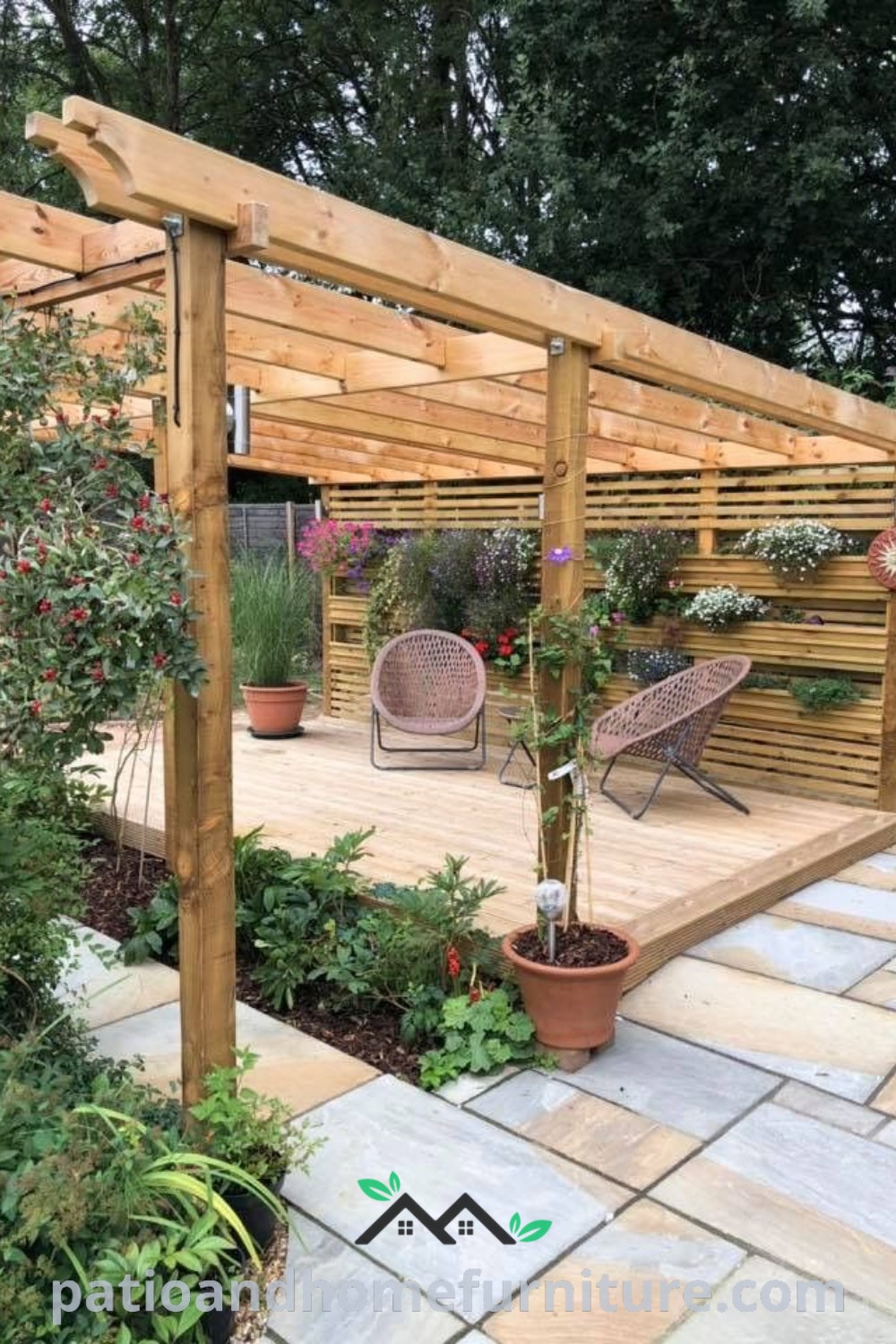 Wooden pergola with chairs and surrounding plants creating a cozy outdoor retreat, perfect for relaxation and gatherings, featuring design ideas and decor inspirations for an inviting backyard space on wellnesswink.com.