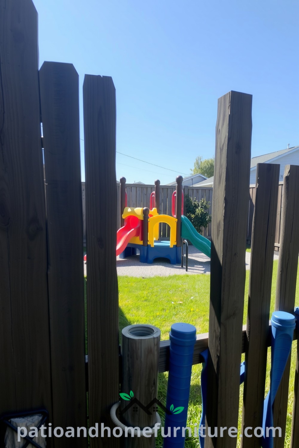 Colorful modular playground in a sunny backyard with a splintered wooden fence, surrounded by freshly cut grass, creating a cozy atmosphere perfect for children