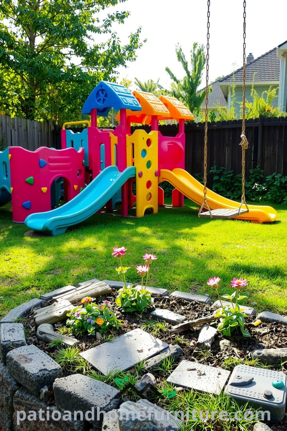 Colorful backyard modular plastic playground with bright slides and climbing walls, nestled in soft grass, complemented by a rusty swing and a wildflower garden, offering cozy ideas for vibrant outdoor spaces at fireplacesandwoodstoves.com.