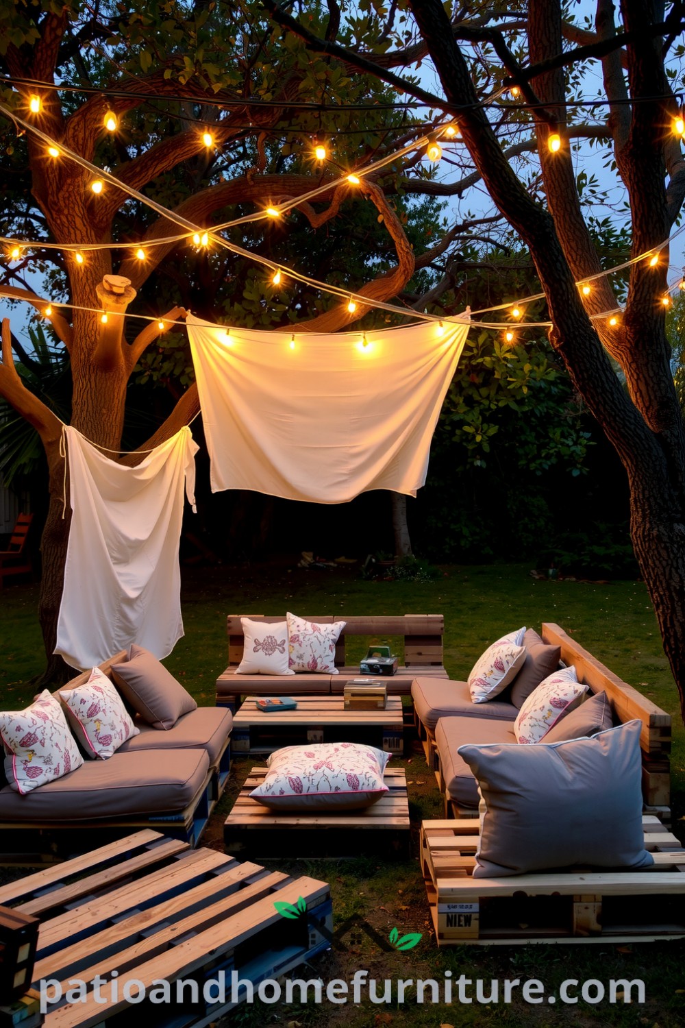 Backyard cinema with twinkling fairy lights, worn wooden pallets as seating, and an old white sheet as a screen, creating a cozy ambiance for movie night, capturing unique ideas for your home from fireplacesandwoodstoves.com.