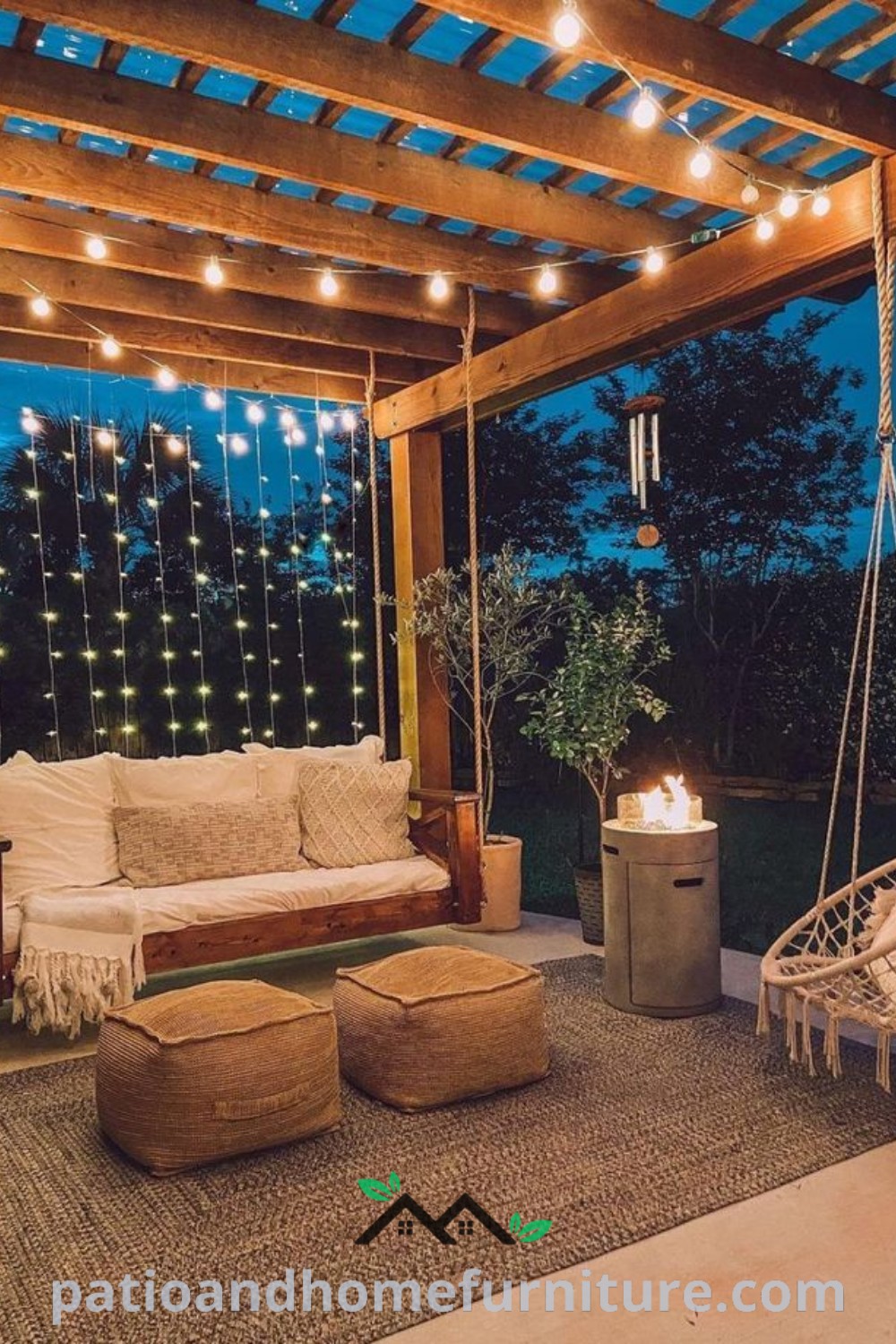 Cozy outdoor living room decorated with string lights, comfortable seating, and inviting decor elements, designed to inspire unique ideas for your home, enhancing relaxation and gatherings, visit wellnesswink.com for more decor inspirations.