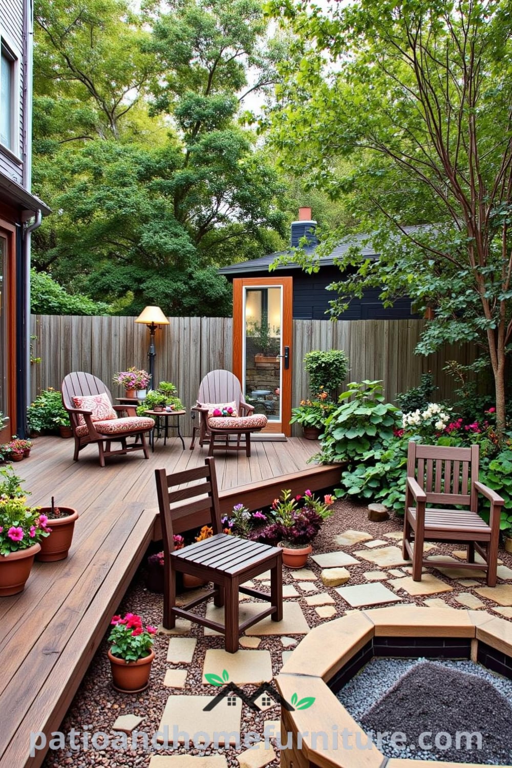 Charming backyard with a weathered wooden deck, mismatched outdoor chairs, colorful potted herbs, and a rustic stone path leading to a fire pit, creating a cozy atmosphere for gatherings under the stars, with decor ideas for a cozy home from fireplacesandwoodstoves.com.