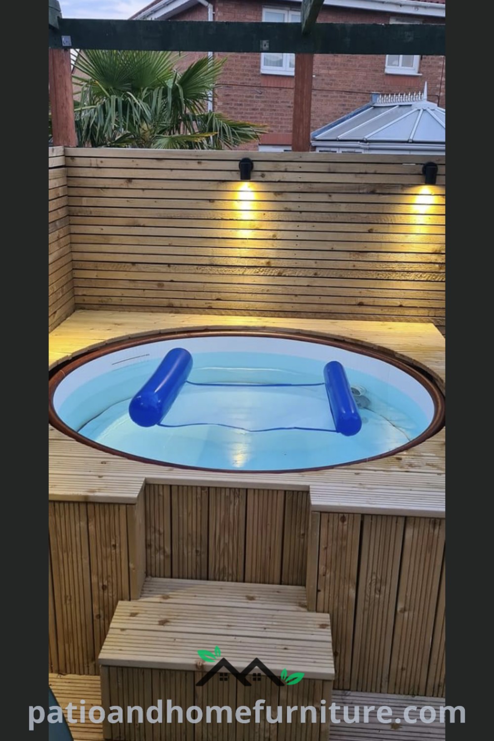 Outdoor hot tub with steps leading up to it, surrounded by lush greenery, cozy decor ideas, and inviting ambiance, providing a perfect retreat for relaxation at home, wellnesswink.com.