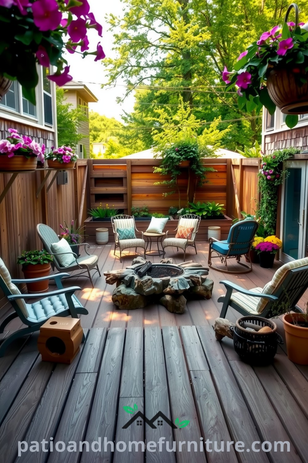 Serene backyard with a wooden deck, mismatched furniture, vibrant flower boxes, and a stone fire pit surrounded by logs, offering cozy ideas for creating a delightful outdoor space for gatherings and evening relaxation, inspired by fireplacesandwoodstoves.com.
