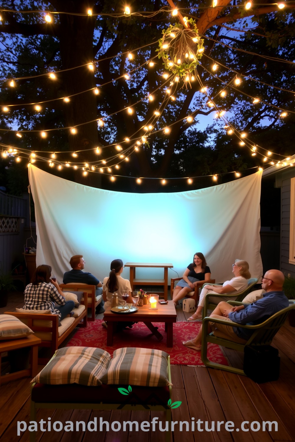 Cozy backyard cinema setup under fairy lights with mismatched chairs and a white sheet for projection, creating an inviting outdoor retreat for friends to enjoy a movie night, featuring ideas for your home from fireplacesandwoodstoves.com.