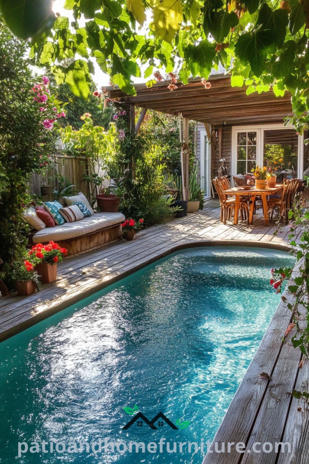 Inviting backyard oasis designs with an above ground pool, lush landscaping, colorful flowers, seating area, and swimming pool decor from patioandhomefurniture.com.