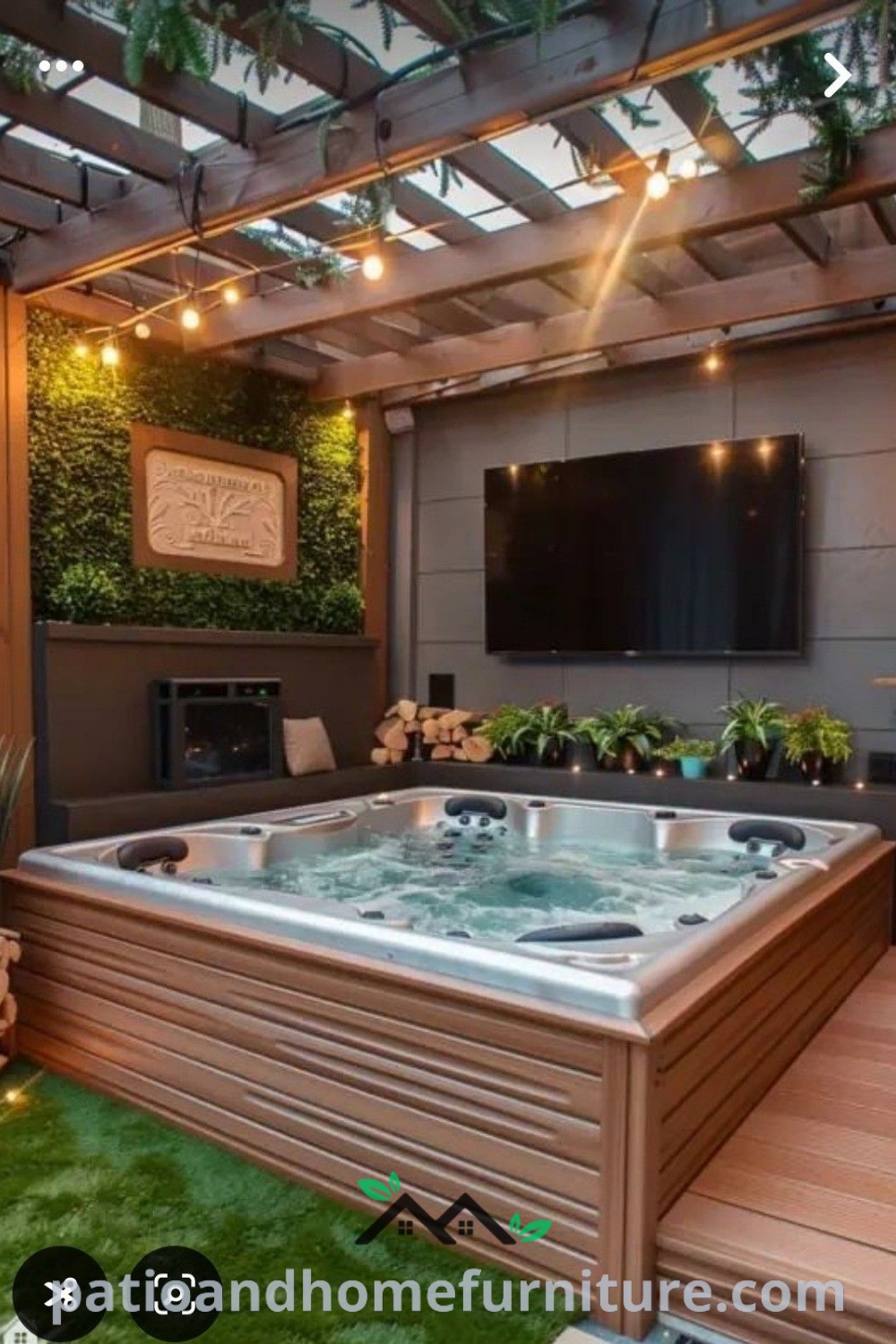 Large hot tub on a lush green field beside a flat screen TV, showcasing cozy ideas and decor inspirations for an inviting outdoor oasis. Visit wellnesswink.com for more unique ideas.