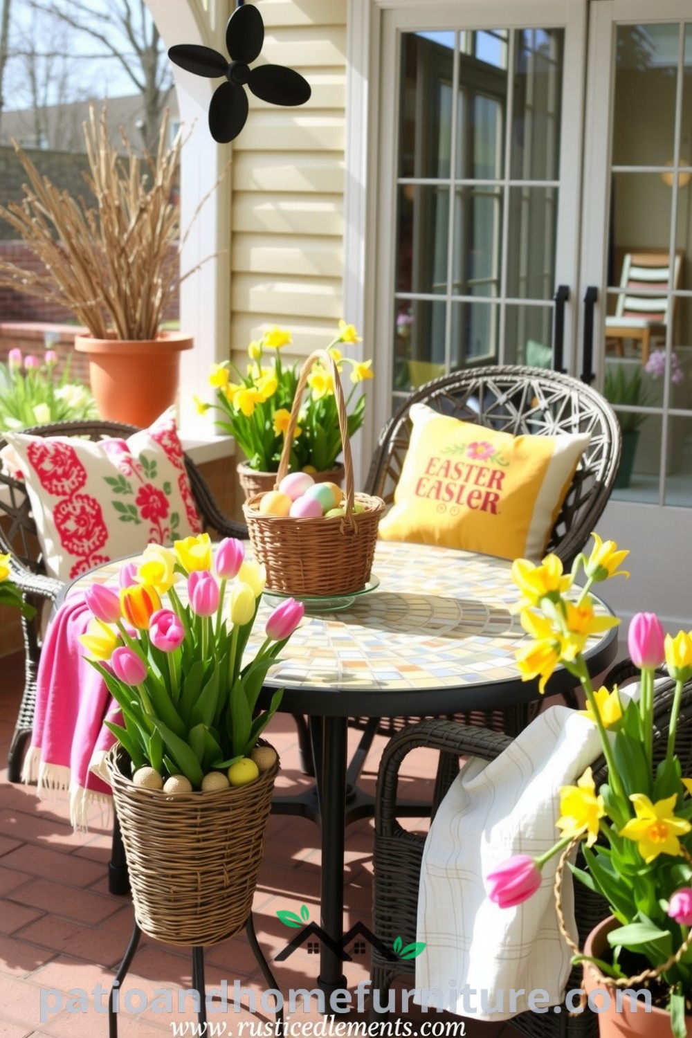 Cheerful Easter patio decor featuring a mosaic-tiled table with pastel-colored eggs, wicker chairs with embroidered throws, and colorful potted tulips and daffodils in a sunlit outdoor setting, perfect for inspiring cozy home decor ideas at fireplacesandwoodstoves.com.