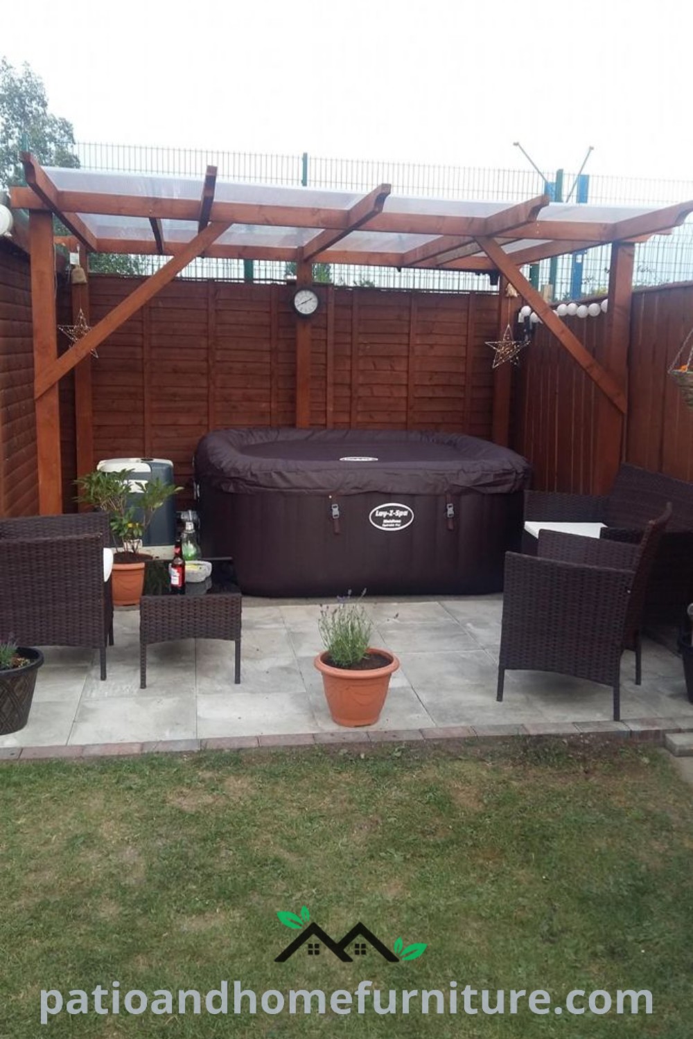 Outdoor hot tub surrounded by chairs and tables in a backyard, featuring cozy decor ideas that inspire relaxation and social gatherings, showcased on wellnesswink.com.