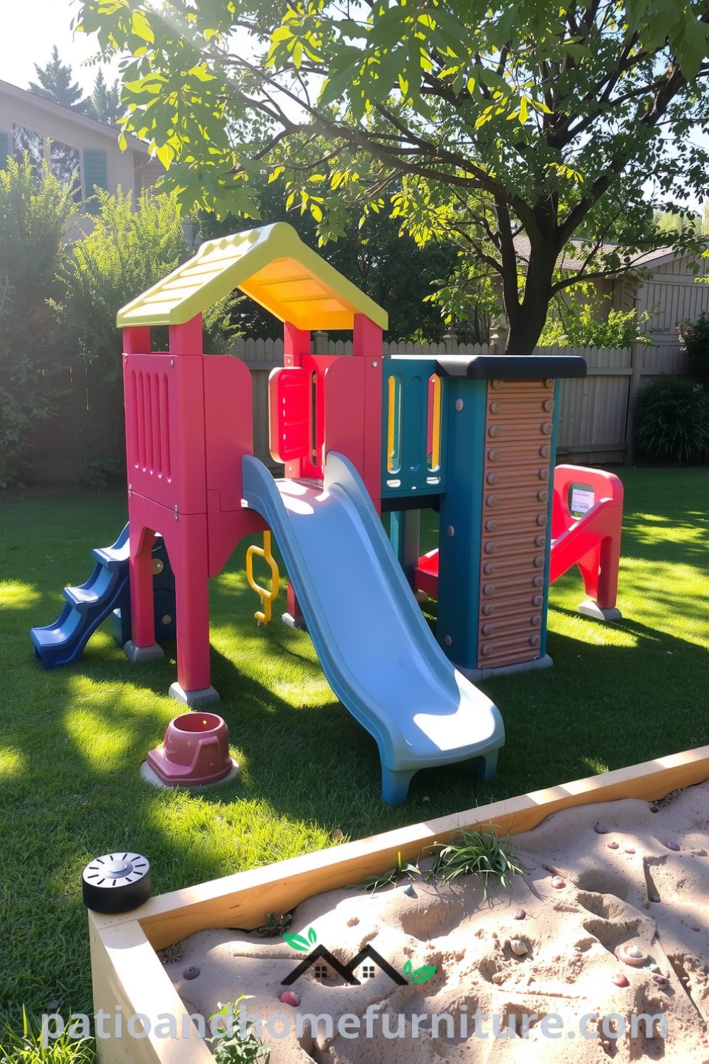 Modular plastic backyard playground with vibrant colors, sturdy slide, and textured climbing wall, surrounded by a softly rustling landscape, embodying playful inspiration for families looking for unique outdoor decor ideas at fireplacesandwoodstoves.com.