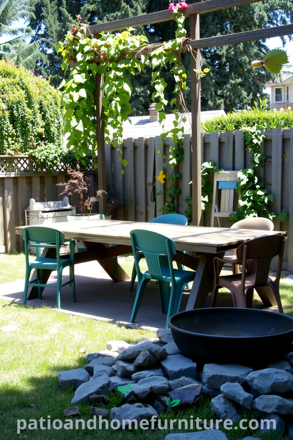 Sun-drenched backyard with a rustic wooden picnic table and mismatched weathered chairs, climbing vines on a trellis, and a cozy fire pit surrounded by stones, creating a charming inviting space ideal for gatherings. Explore unique cozy ideas for your home at fireplacesandwoodstoves.com.