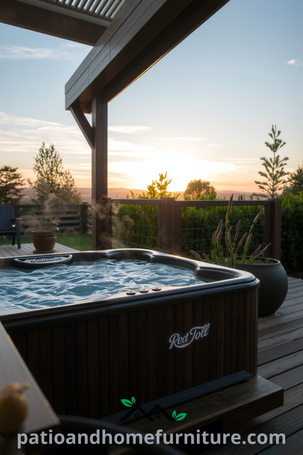 Hot tub overlooking a tranquil garden on a wooden deck, with steam rising from the water as the sun sets, creating a cozy and serene atmosphere, perfect for outdoor relaxation ideas on fireplacesandwoodstoves.com.