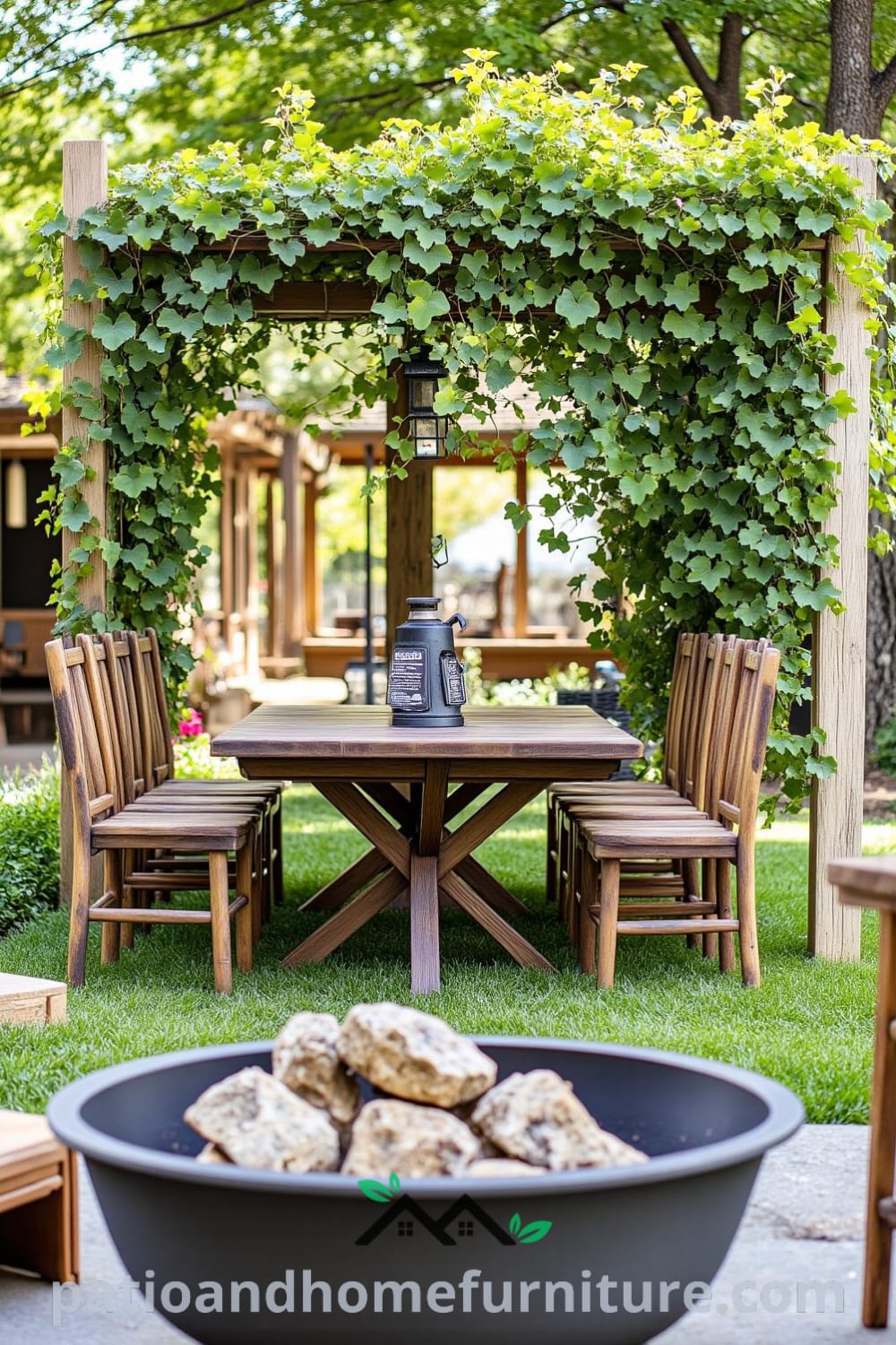 Sunlit backyard with a rustic wooden table and mismatched chairs, adorned with climbing vines on a trellis, and a cozy fire pit made of weathered stones; a perfect setting for gatherings, showcasing cozy ideas for home decor inspirations at fireplacesandwoodstoves.com.