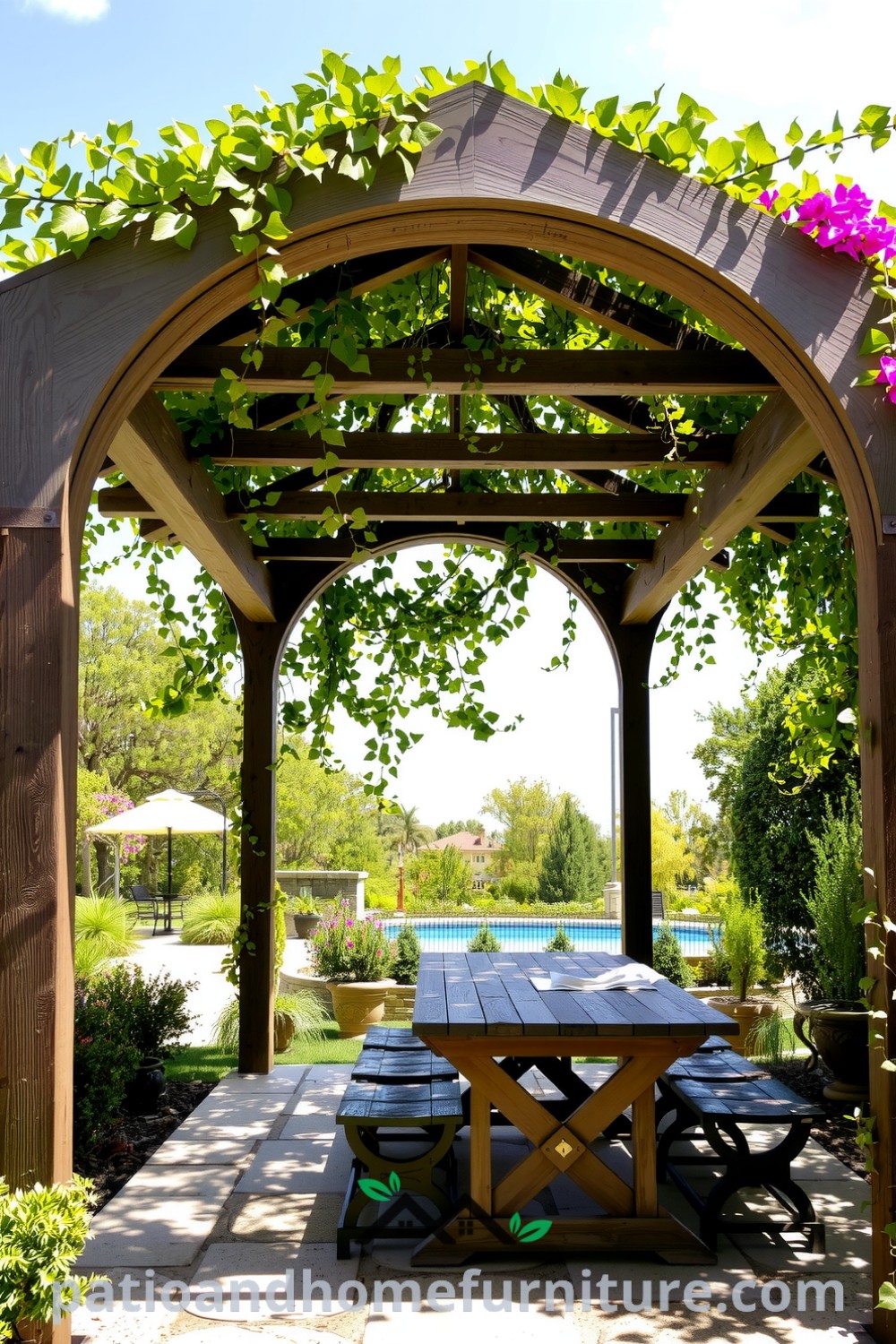 Arched pergola adorned with vibrant climbing vines, casting dappled sunlight on a rustic wooden table, inviting friends for gatherings in a serene garden setting, offering cozy ideas and inspirations for your home at fireplacesandwoodstoves.com.