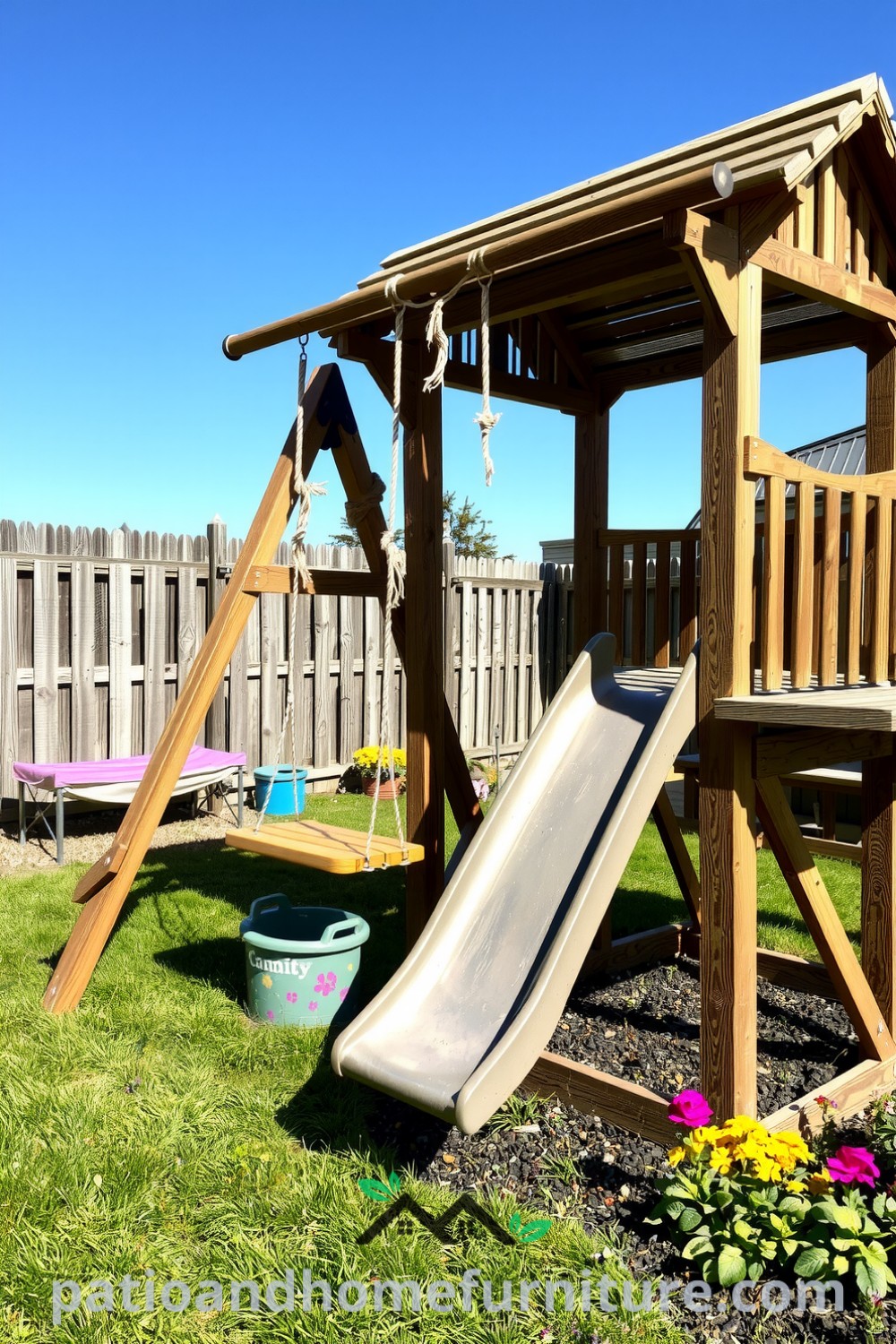 Wooden backyard playground under a sunny sky, featuring swings with frayed ropes, a smooth slide, vibrant flower beds, and grassy edges, creating a cozy space for joyful family gatherings and play at fireplacesandwoodstoves.com.