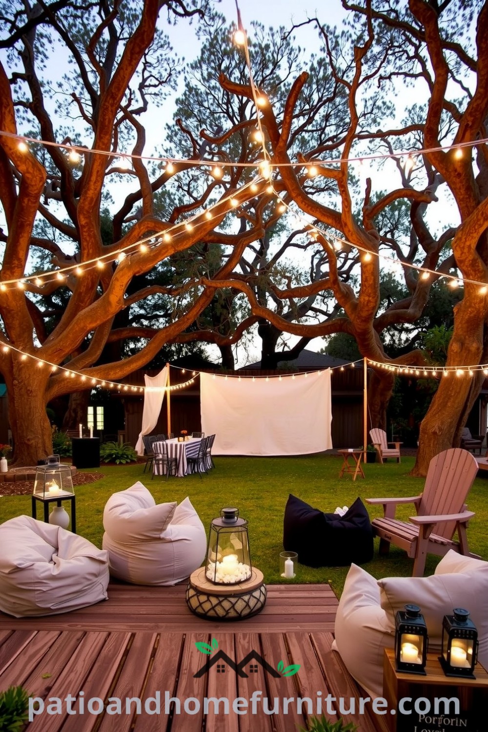 Charming backyard cinema with fairy lights, a makeshift screen draped in white, cushy bean bags on grassy flooring, and lanterns creating a cozy ambiance, ideal for film nights under the stars, featured on fireplacesandwoodstoves.com with decor ideas for a cozy home.