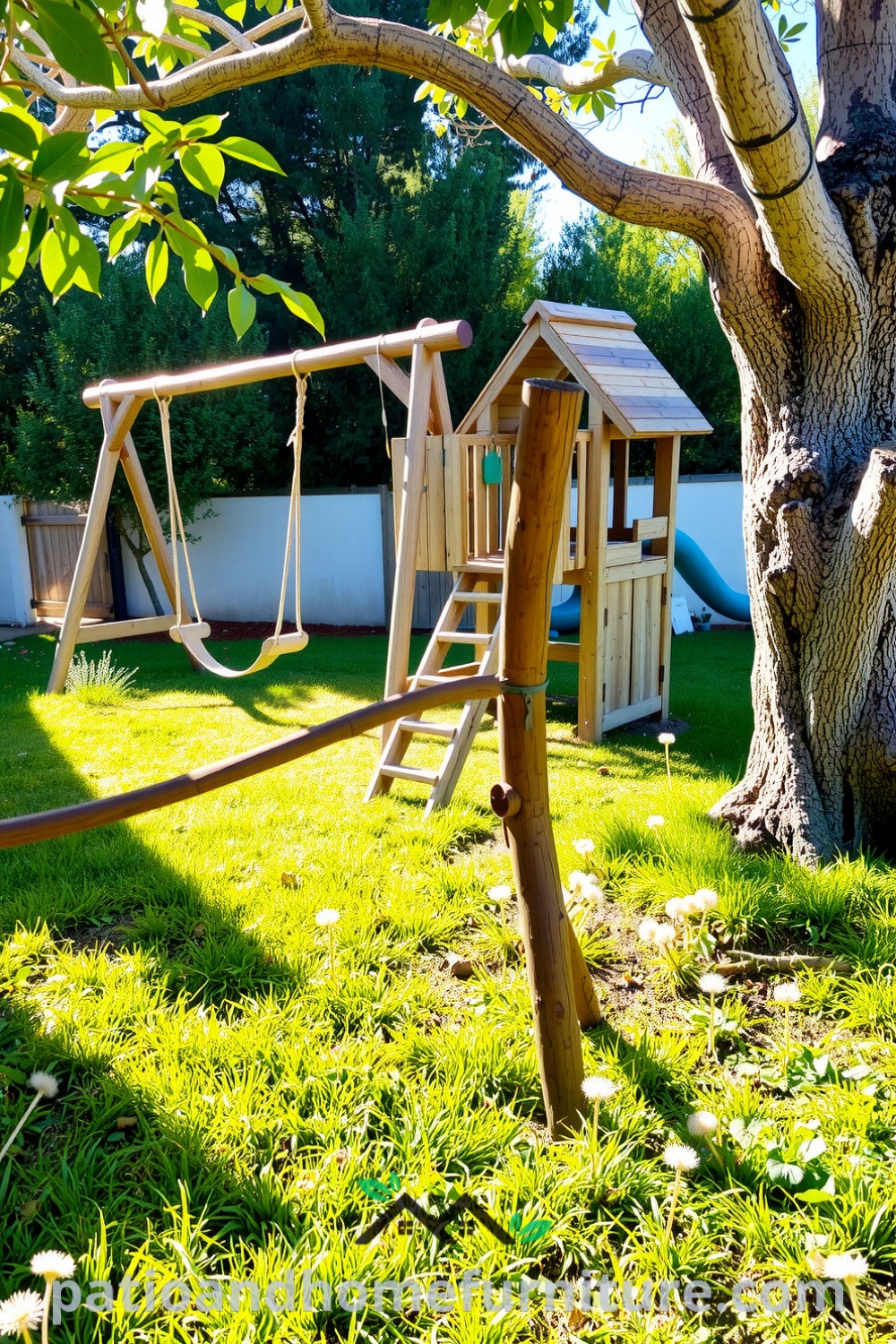 Classic wooden playset in a sunny backyard with swings and slide surrounded by lush grass and dandelions, offering inspiring ideas for backyard decor and cozy outdoor play areas, as depicted on fireplacesandwoodstoves.com.