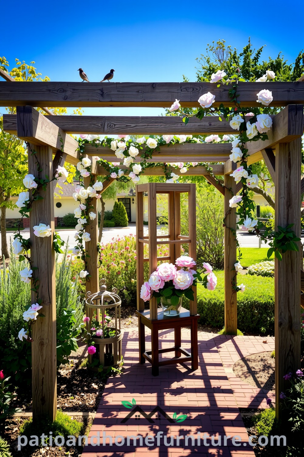 Wooden pergola in a sun-drenched garden entwined with blooming vines, showcasing unique decor ideas for your home, perfect for cozy retreats and enhancing outdoor spaces, as featured on fireplacesandwoodstoves.com.