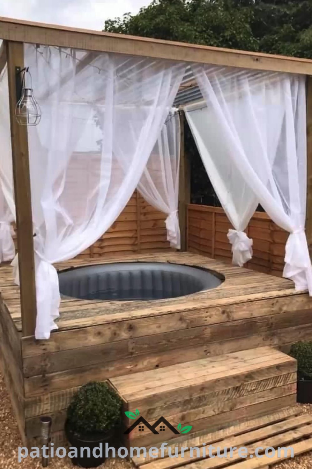 Poolside retreat featuring cozy furniture, lush garden elements, and a hot tub patio, offering inspiring decor ideas for a relaxing outdoor space at wellnesswink.com.